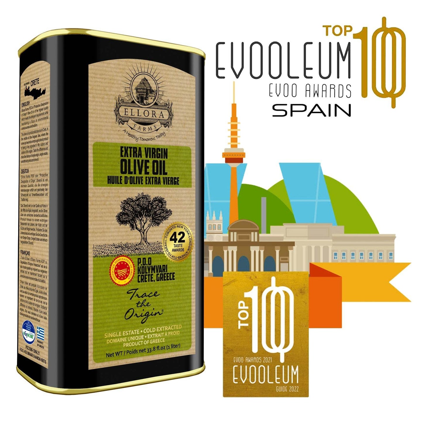 Aleta Organic & Ellora PDO Single Estate Extra Virgin Greek Olive Oil, 1 Ltr Tin, 33.8 oz. Combo - Aleta Farms