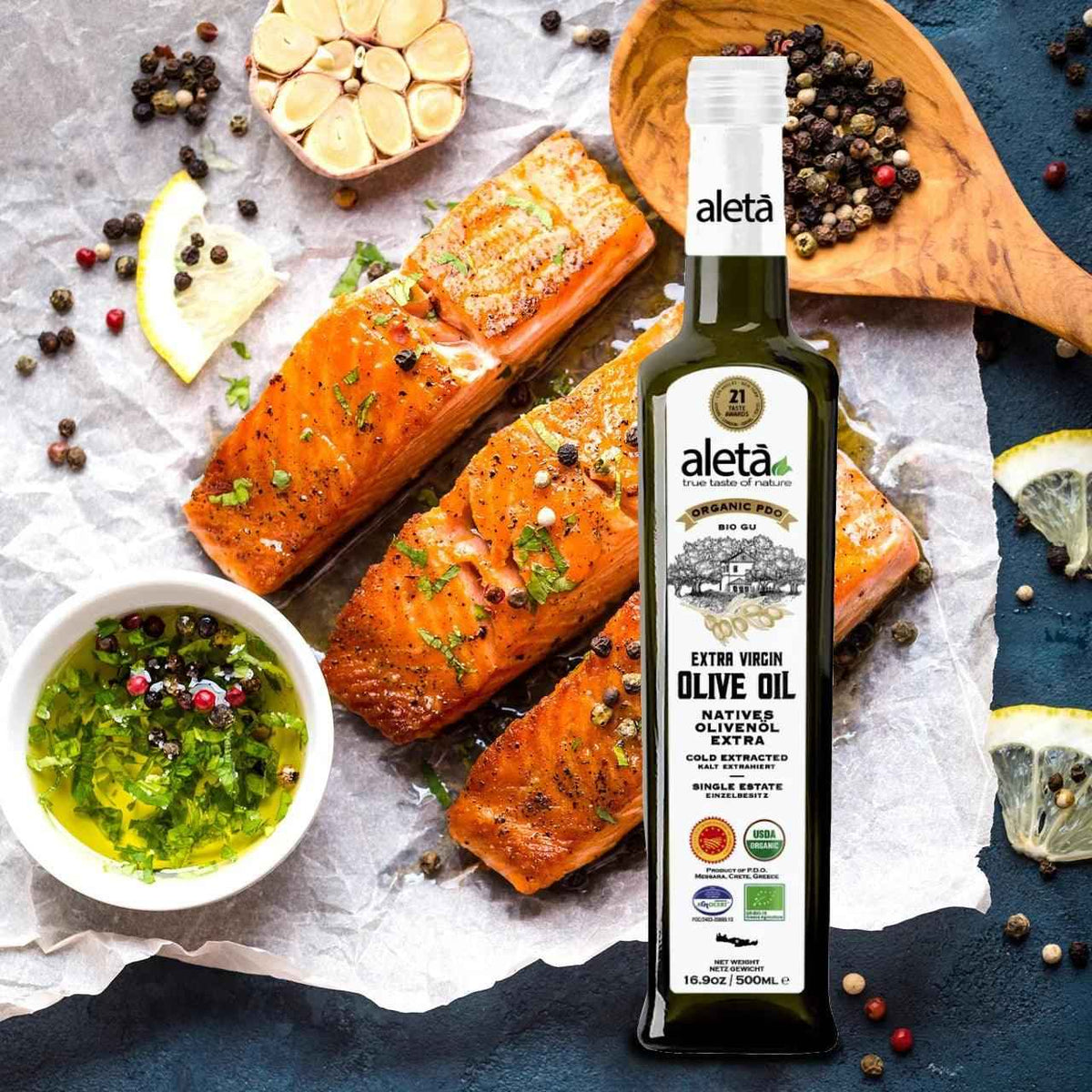Combo Pack, Aleta Organic PDO Single Estate Messara Extra Virgin Olive Oil, 17 oz Glass Bottle and 17 oz Refill tin, Pack of 2