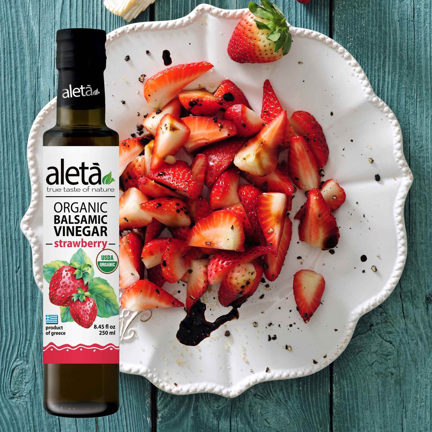 Aleta Organic, Strawberry Infused Balsamic Vinegar, Glass Bottle, 8.45 oz. - Aleta Farms