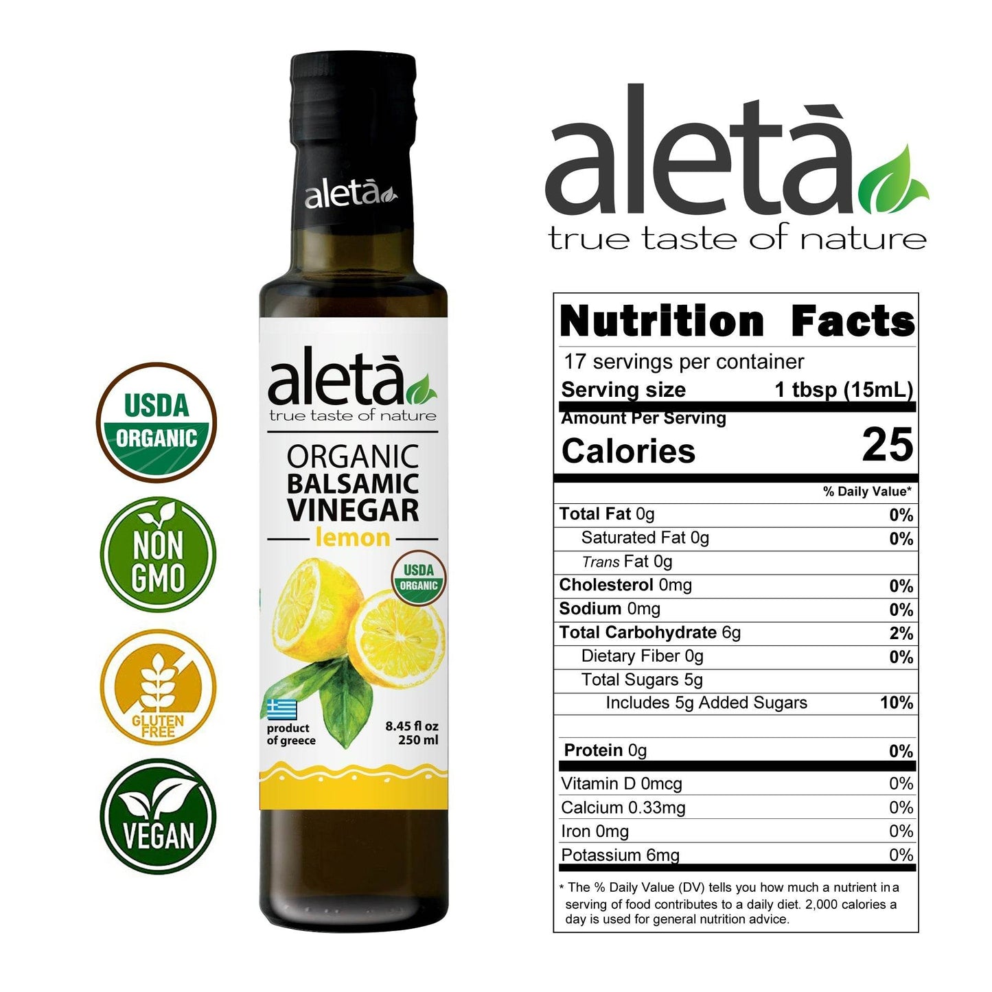 Aleta Organic, Lemon Infused Balsamic Vinegar, Glass Bottle, 8.45 oz. - Aleta Farms