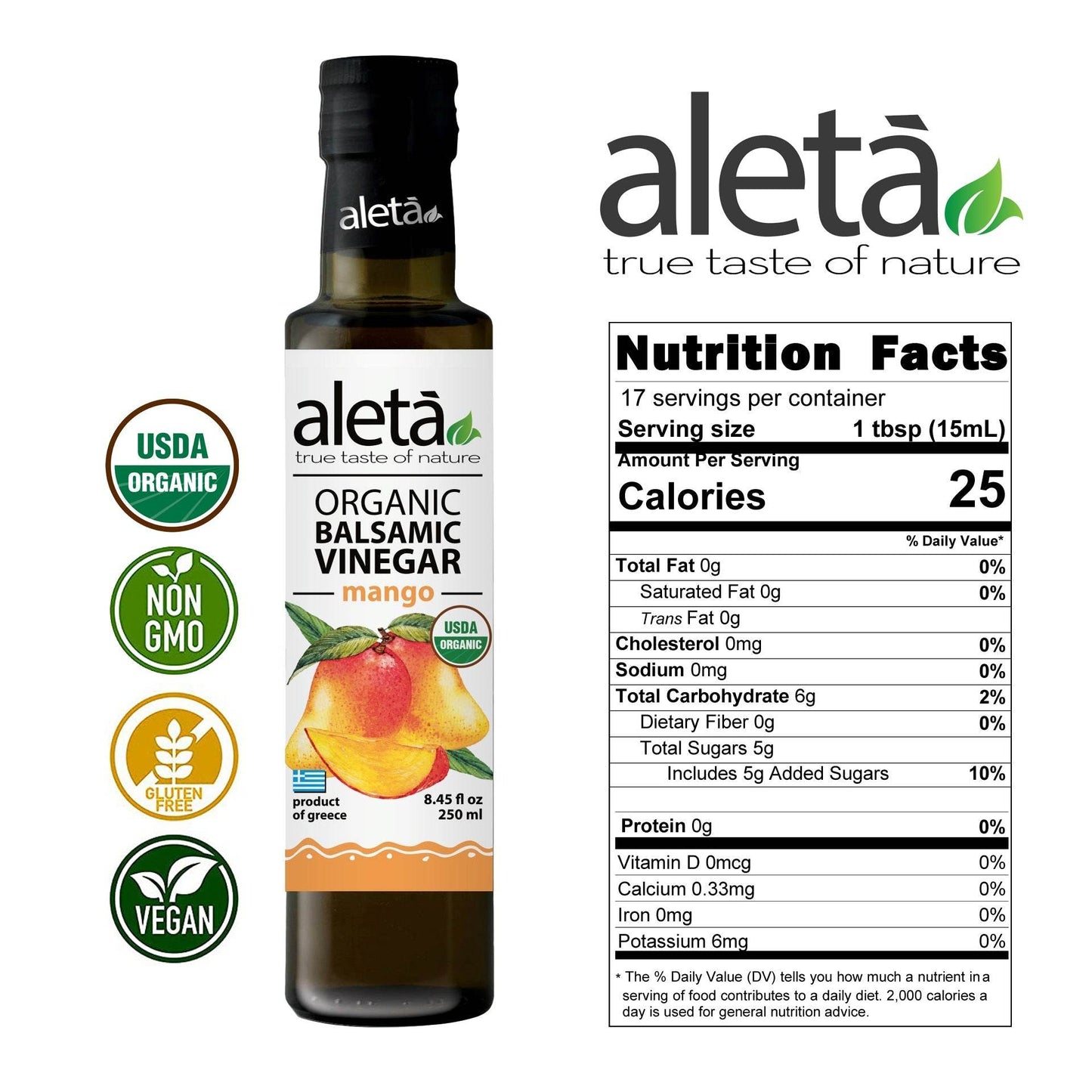 Aleta Organic, Mango Infused Balsamic Vinegar, Glass Bottle, 8.45 oz. - Aleta Farms