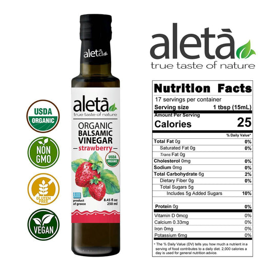 Aleta Organic, Infused Balsamic Vinegar, Plain & Strawberry Pack, Glass Bottle, 8.45 oz., Pack of 2 - Aleta Farms