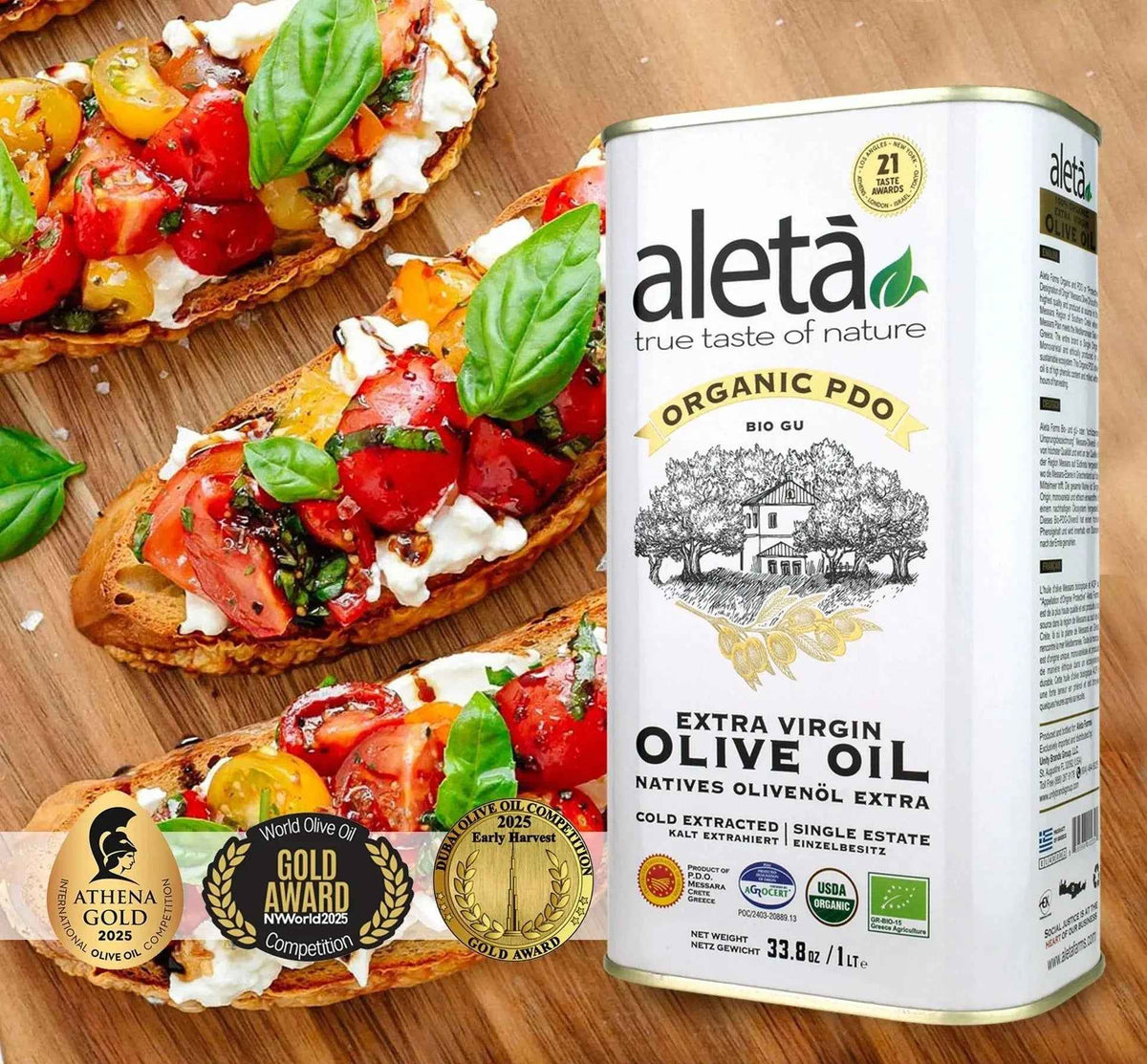 Aleta Organic & Ellora PDO SITIA Estate Extra Virgin Greek Olive Oil, 1 Ltr Tin, 33.8 oz. Combo