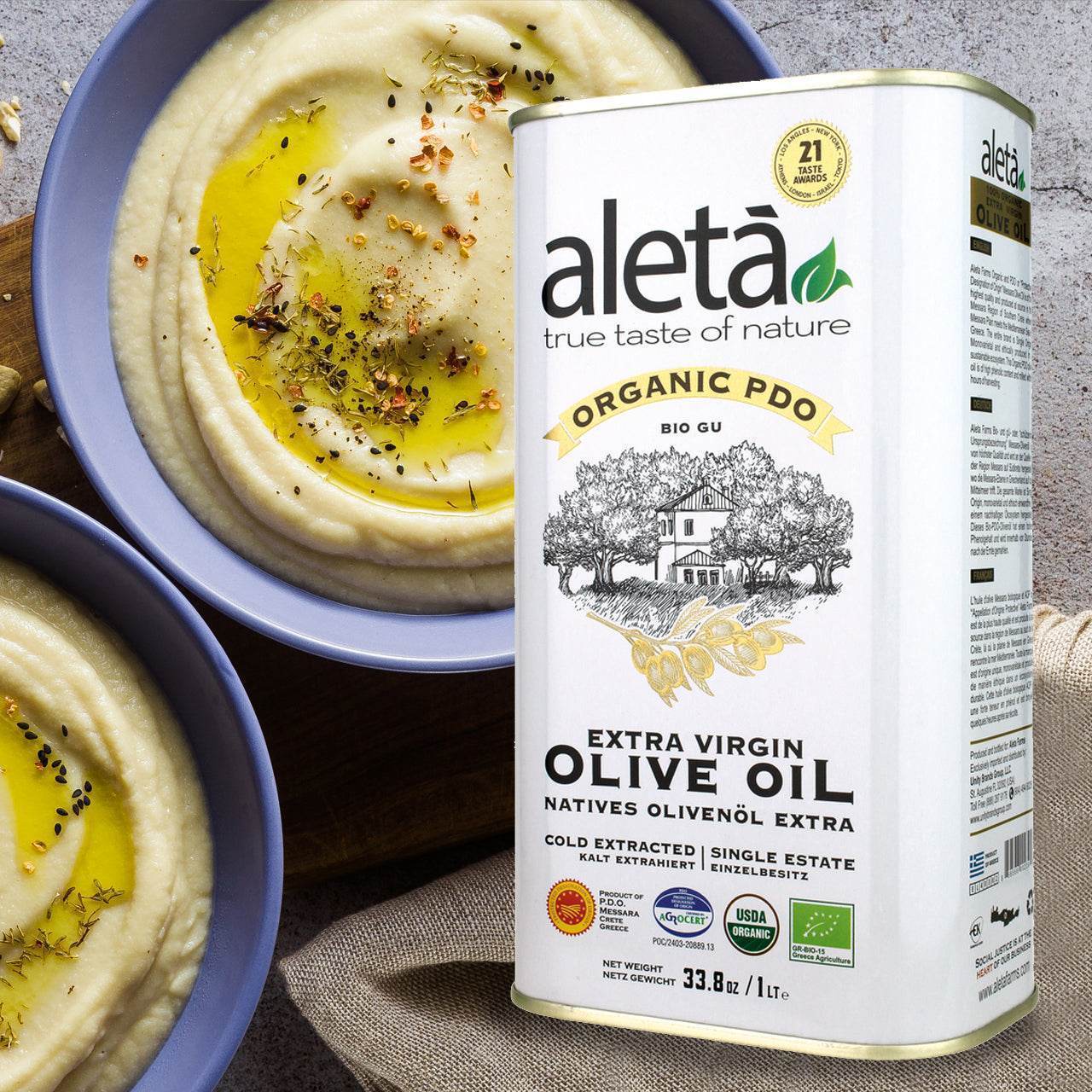Aleta Organic & PDO Single Estate Traceable Extra Virgin Greek Olive Oil, 1 Ltr Tin, 33.8 oz. Pack of 4 - Aleta Farms