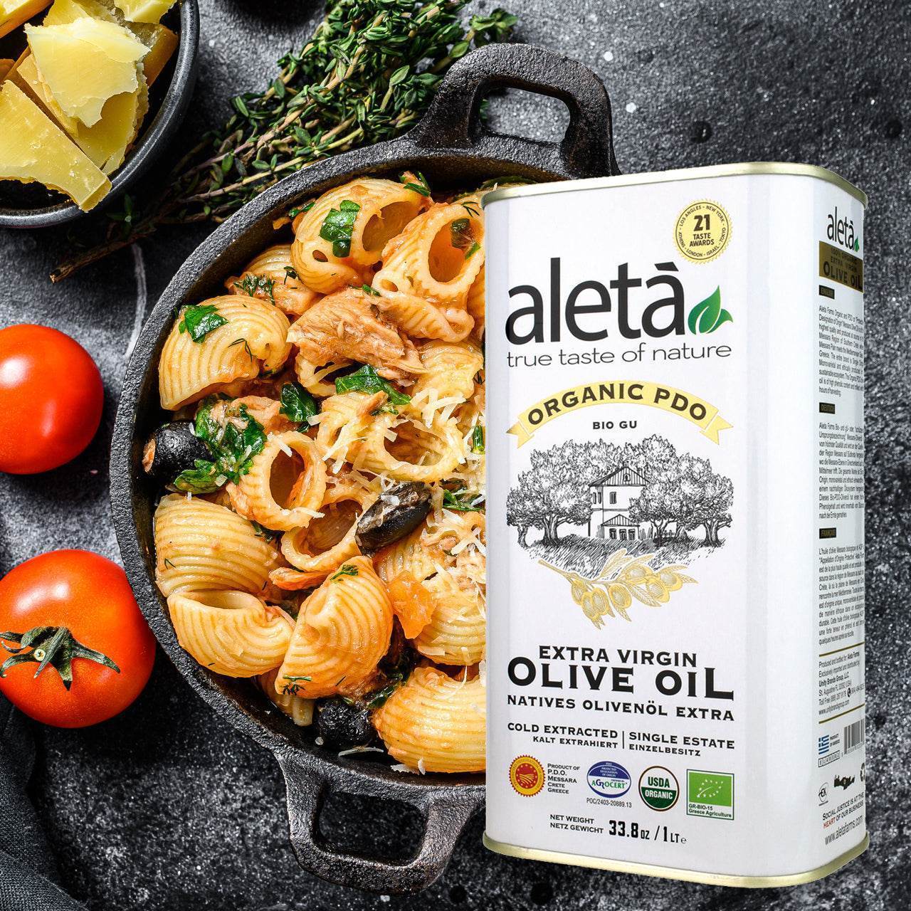 Aleta Organic & PDO Single Estate Traceable Extra Virgin Greek Olive Oil, 1 Ltr Tin, 33.8 oz. Pack of 4 - Aleta Farms