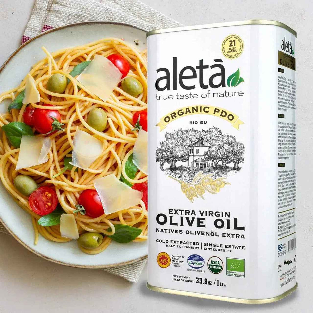 Aleta Organic & Ellora PDO SITIA Estate Extra Virgin Greek Olive Oil, 1 Ltr Tin, 33.8 oz. Combo