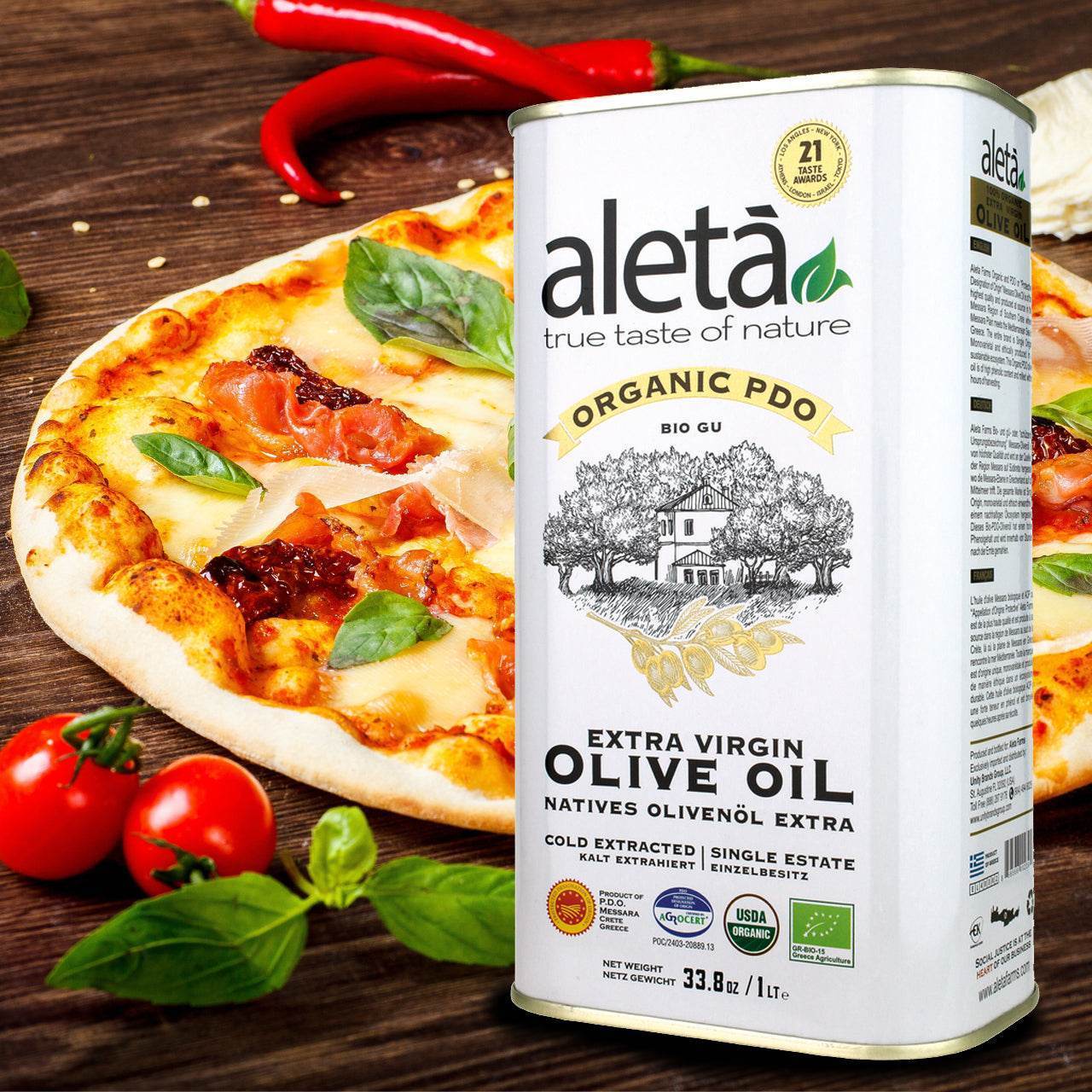 Aleta Organic & PDO Single Estate Traceable Extra Virgin Greek Olive Oil, 1 Ltr Tin, 33.8 oz. Pack of 4 - Aleta Farms