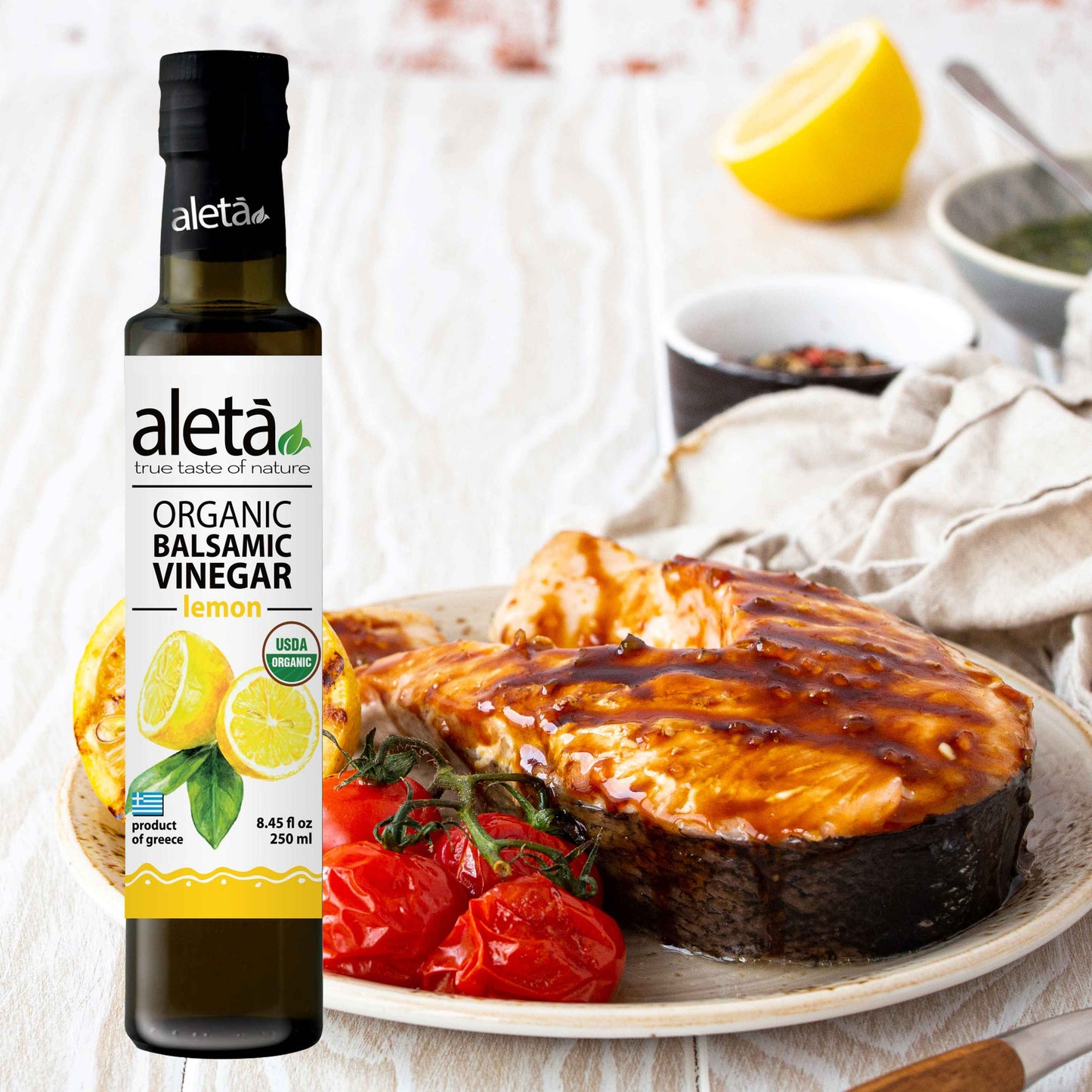 Aleta Organic, Lemon Infused Balsamic Vinegar, Glass Bottle, 8.45 oz.