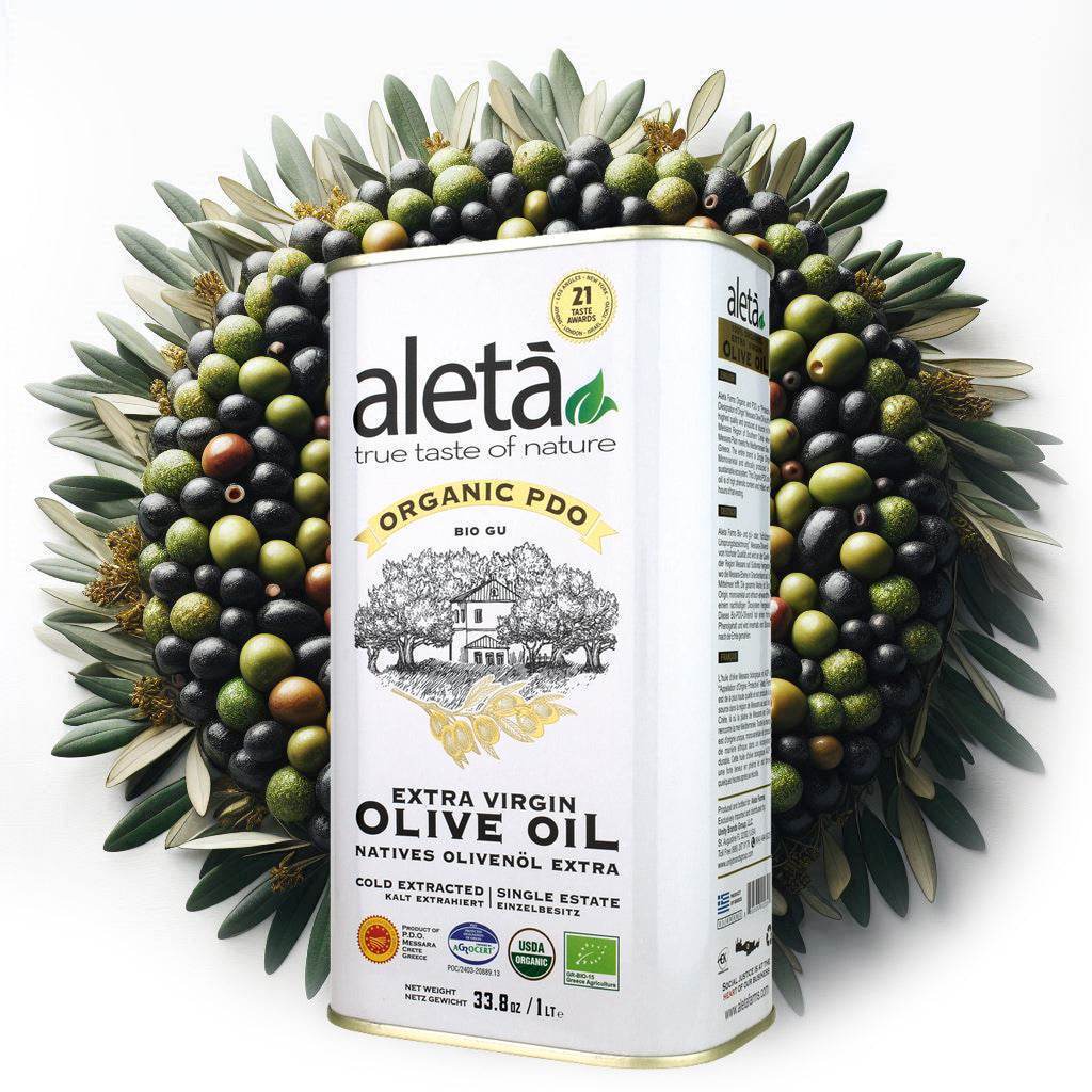Aleta Organic & PDO Single Estate Traceable Extra Virgin Greek Olive Oil, 1 Ltr Tin, 33.8 oz. Pack of 4 - Aleta Farms