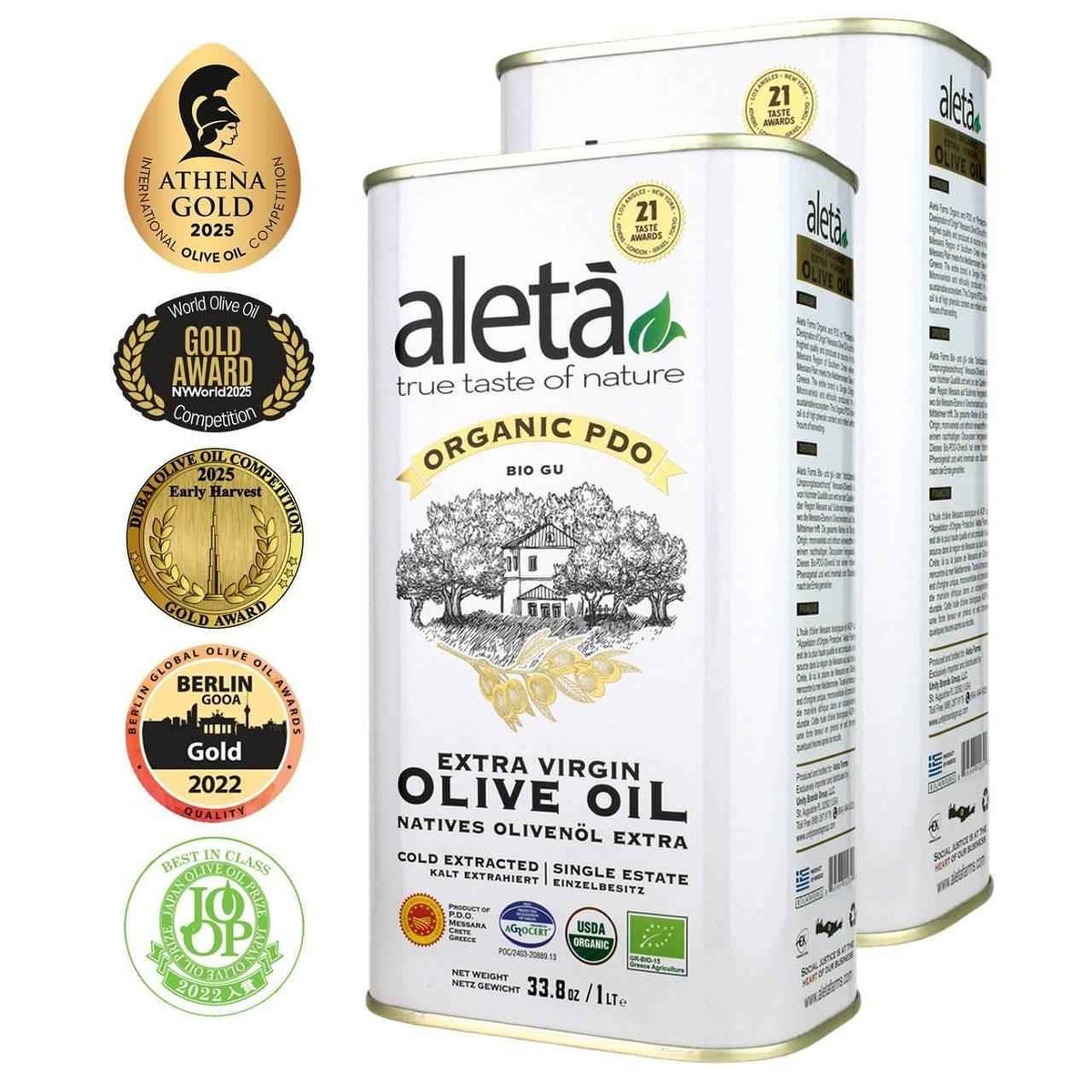 Aleta Organic Greek Extra Virgin Olive Oil - Pure, Single Estate Traceable - 1 Ltr Tin (Pack of 2)