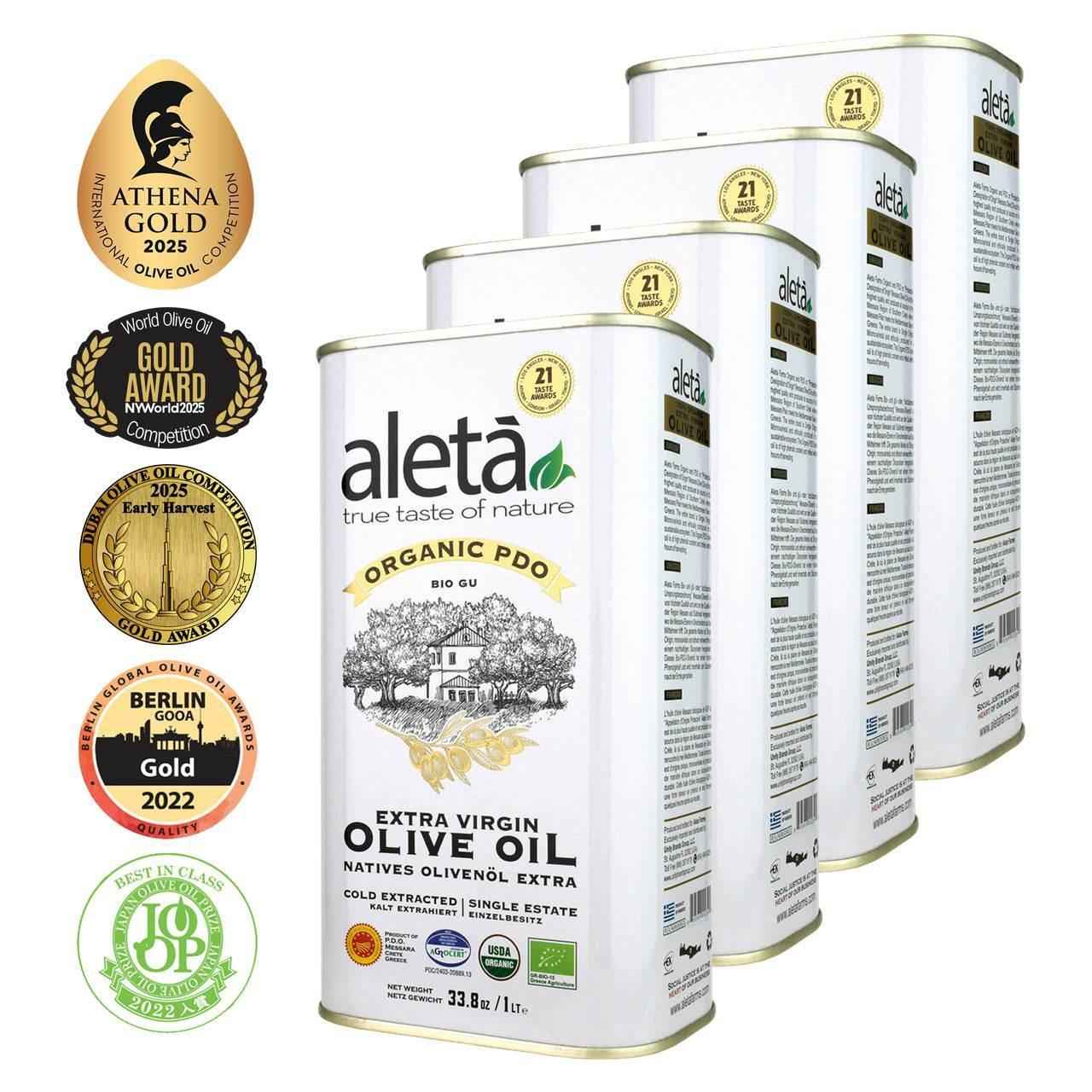 Aleta Organic Greek Extra Virgin Olive Oil - Pure, Traceable & Sustainable - 1 Ltr Tin