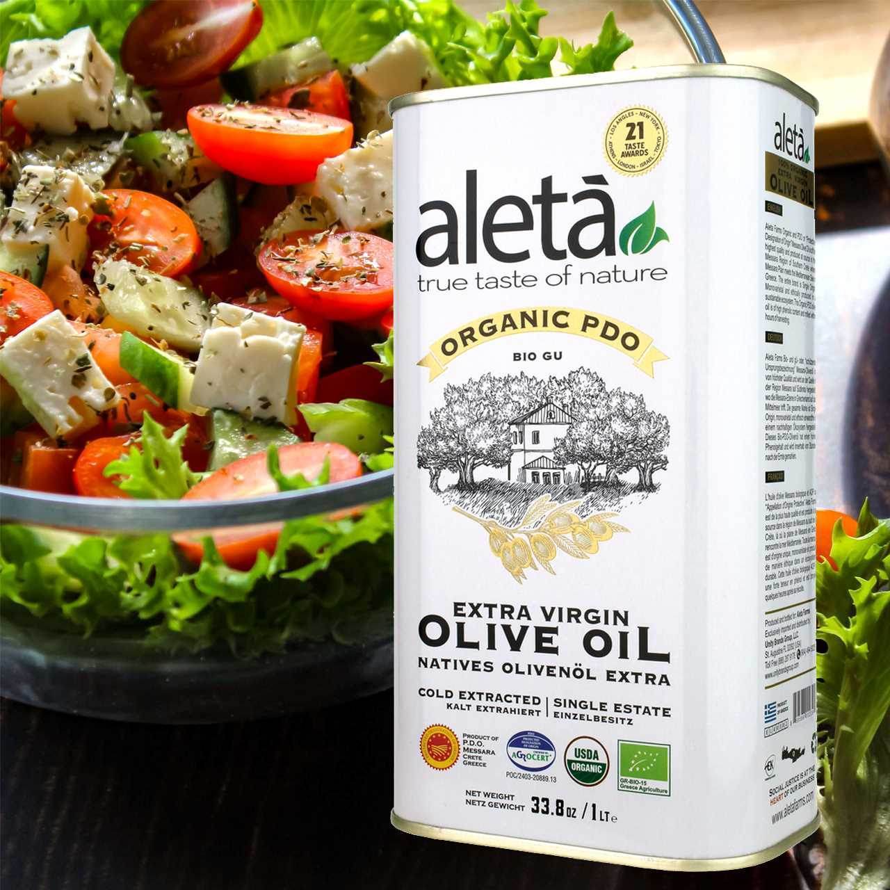 Aleta Organic & PDO Single Estate Traceable Extra Virgin Greek Olive Oil, 1 Ltr Tin, 33.8 oz. Pack of 4 - Aleta Farms