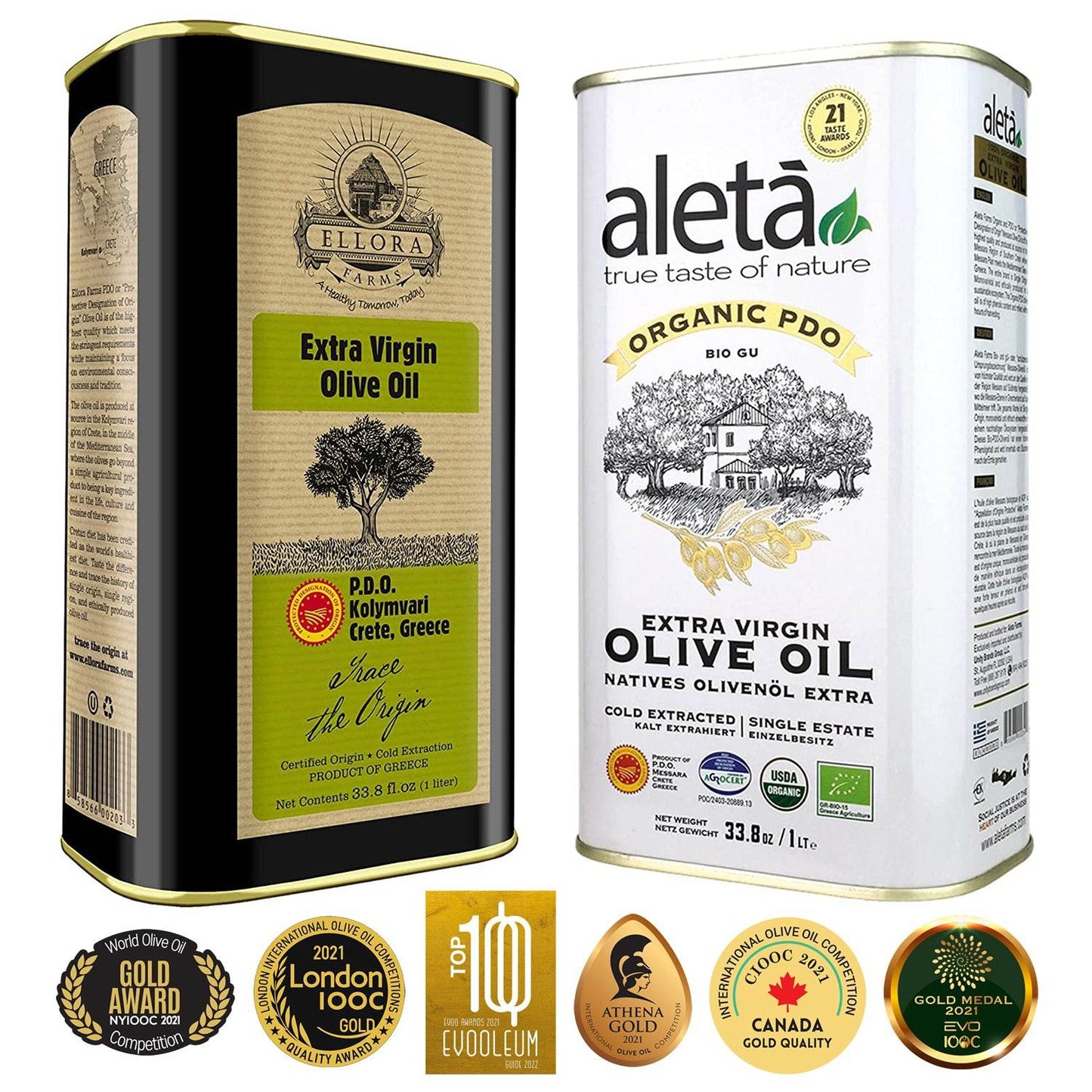Aleta Organic & Ellora PDO Single Estate Extra Virgin Greek Olive Oil, 1 Ltr Tin, 33.8 oz. Combo - Aleta Farms