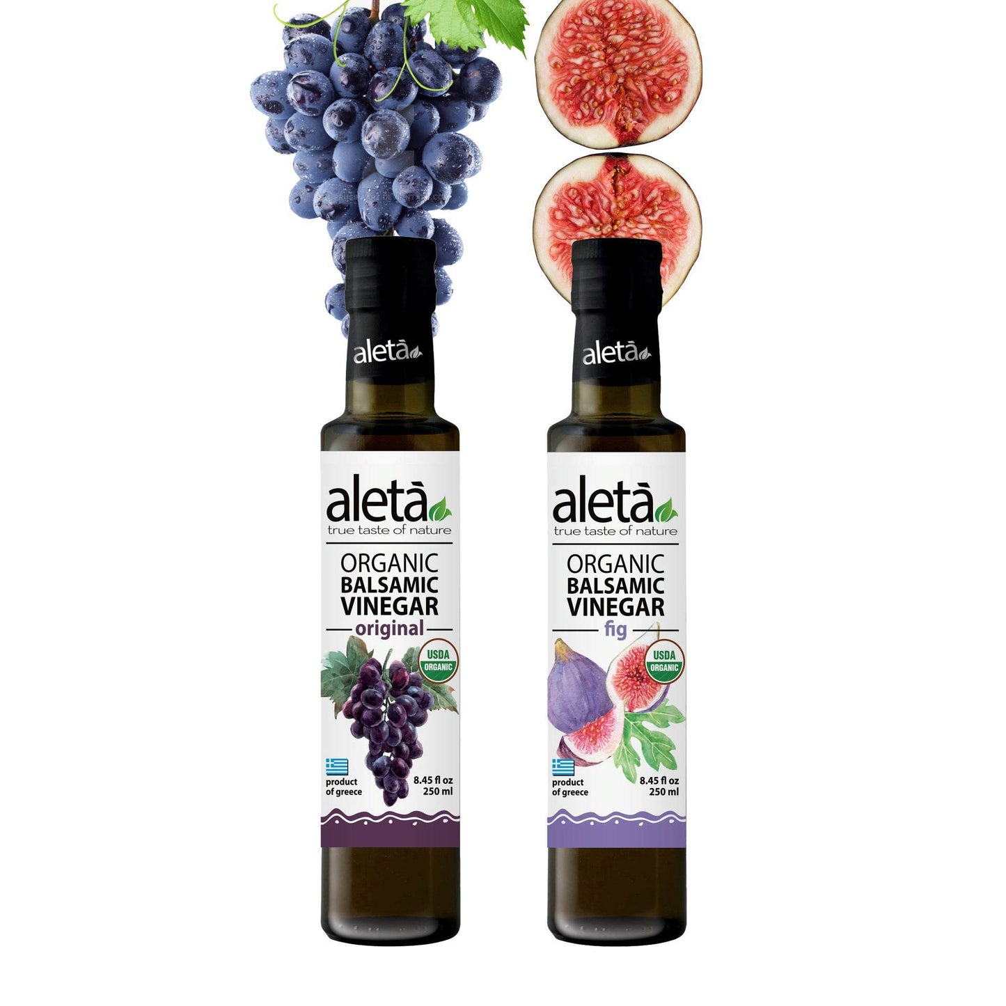 Aleta Organic, Infused Balsamic Vinegar, Plain & Fig Pack, Glass Bottle, 8.45 oz., Pack of 2 - Aleta Farms