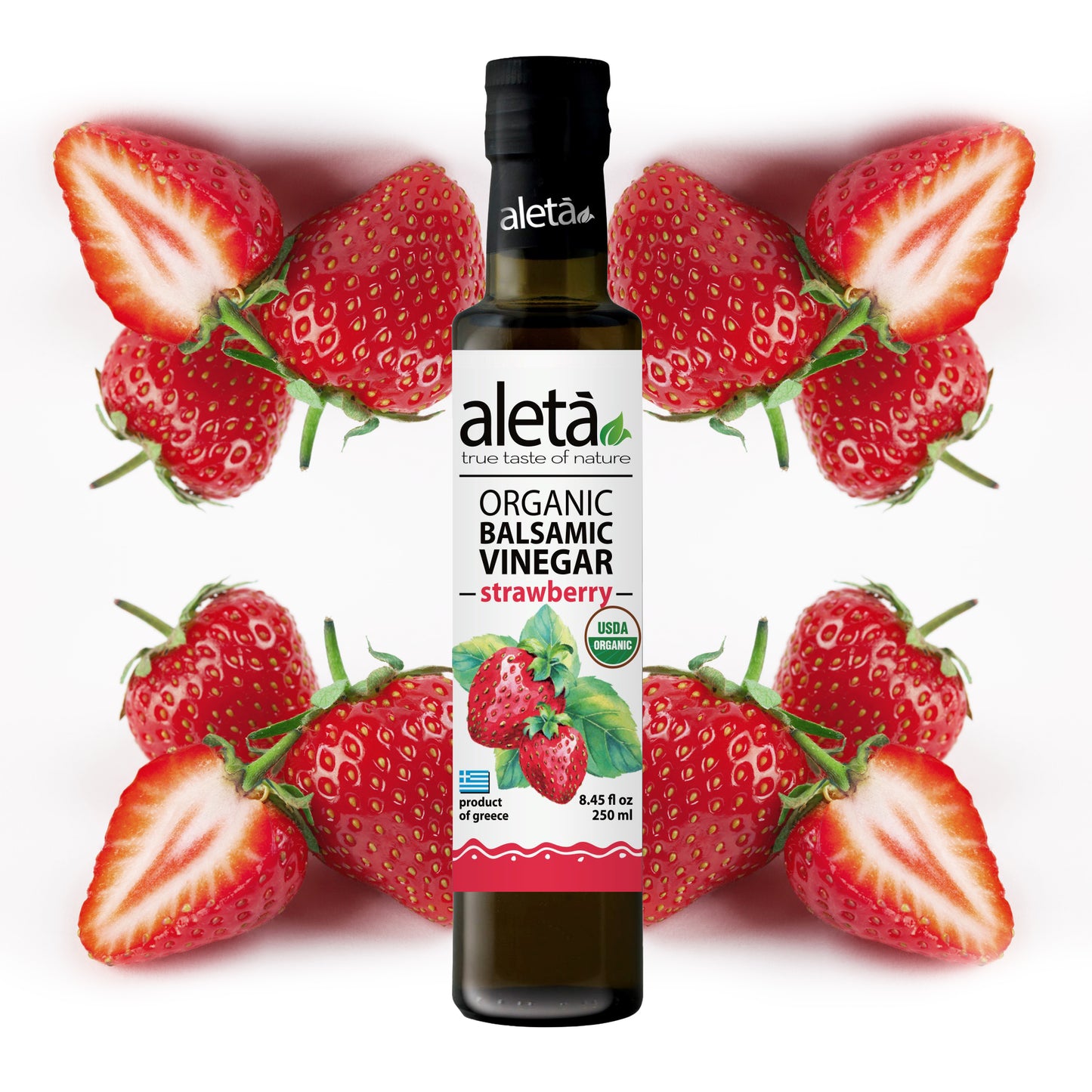 Aleta Organic, Strawberry Infused Balsamic Vinegar, Glass Bottle, 8.45 oz.