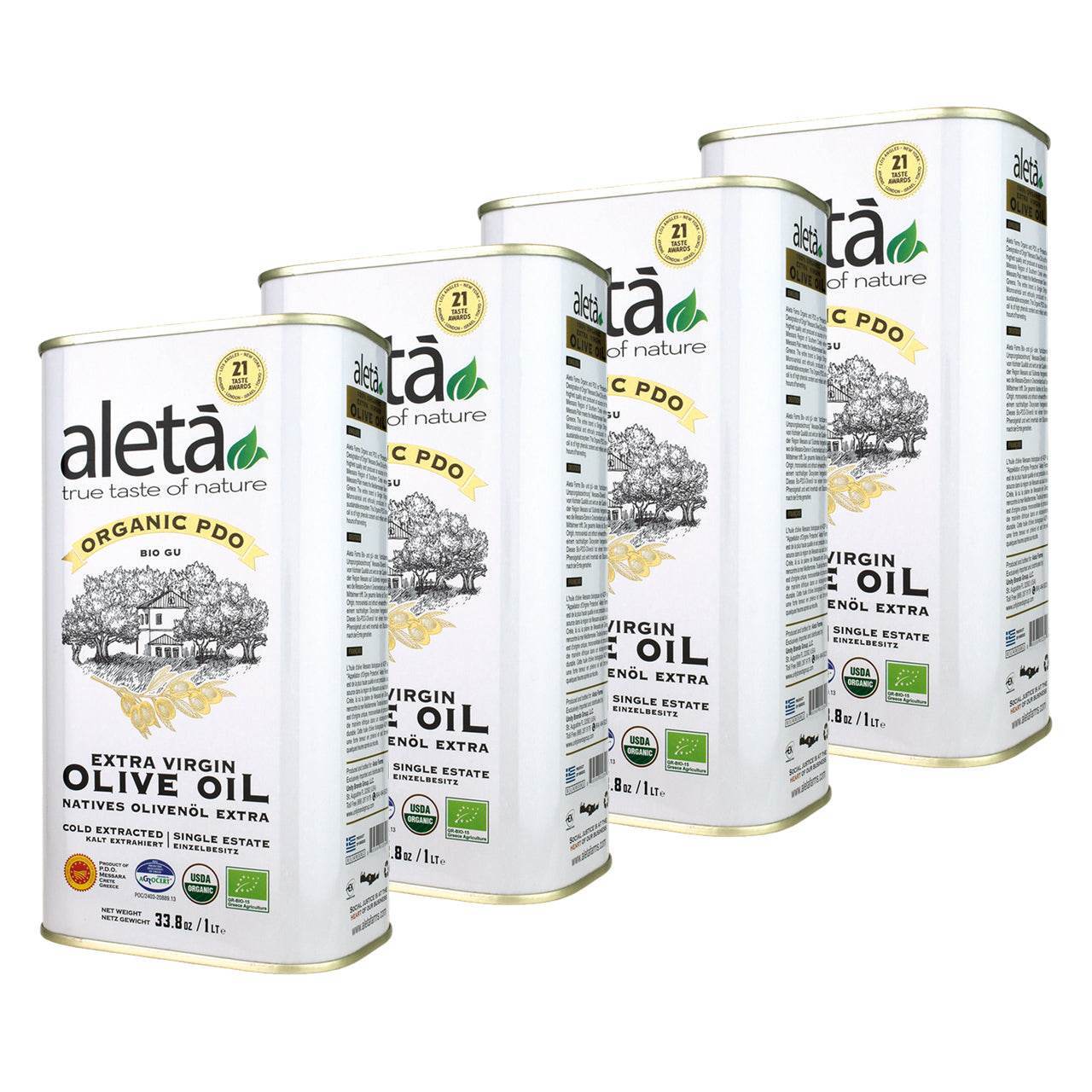 Aleta Organic & PDO Single Estate Traceable Extra Virgin Greek Olive Oil, 1 Ltr Tin, 33.8 oz. Pack of 4 - Aleta Farms