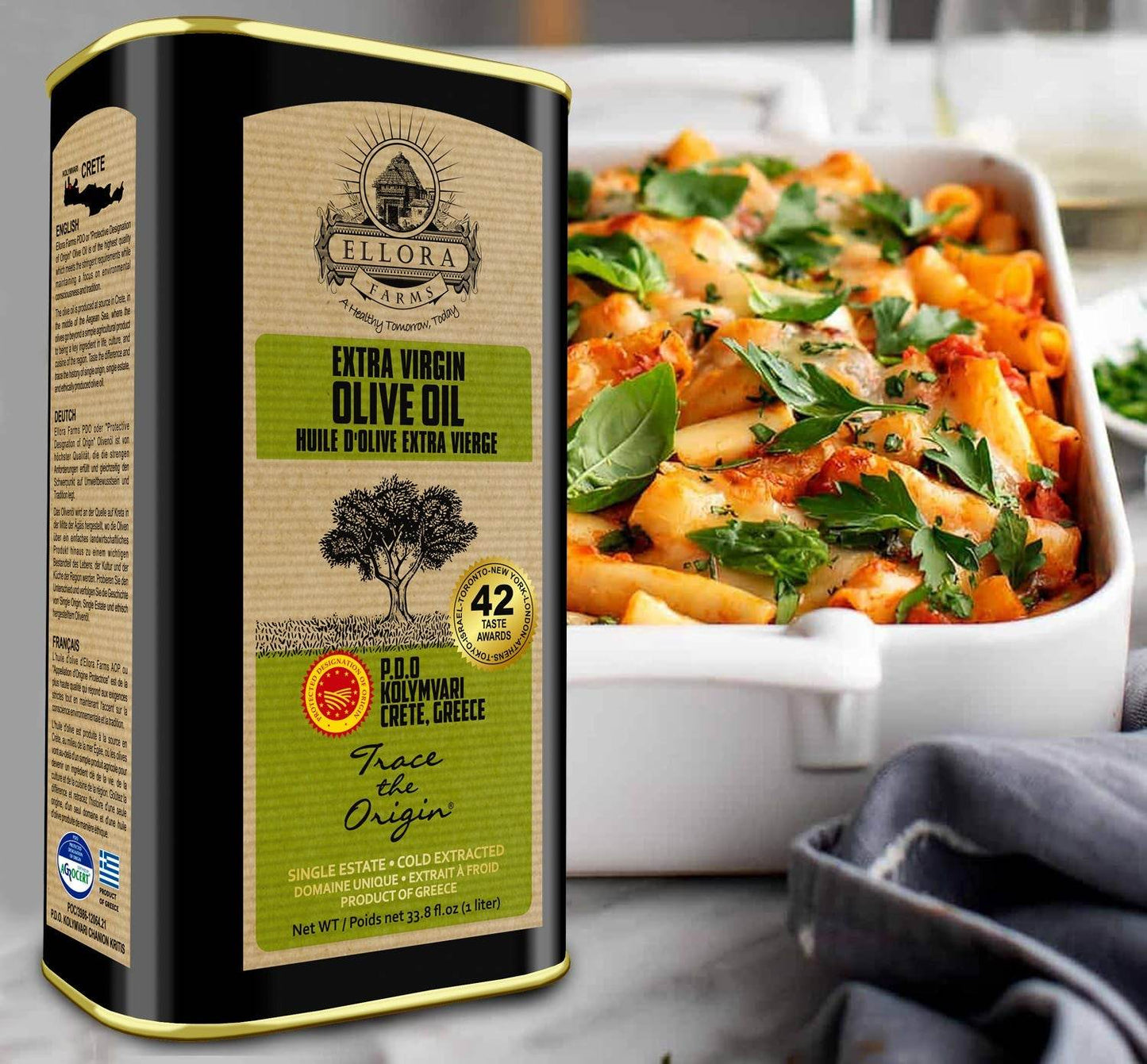 Aleta Organic & Ellora PDO Single Estate Extra Virgin Greek Olive Oil, 1 Ltr Tin, 33.8 oz. Combo - Aleta Farms