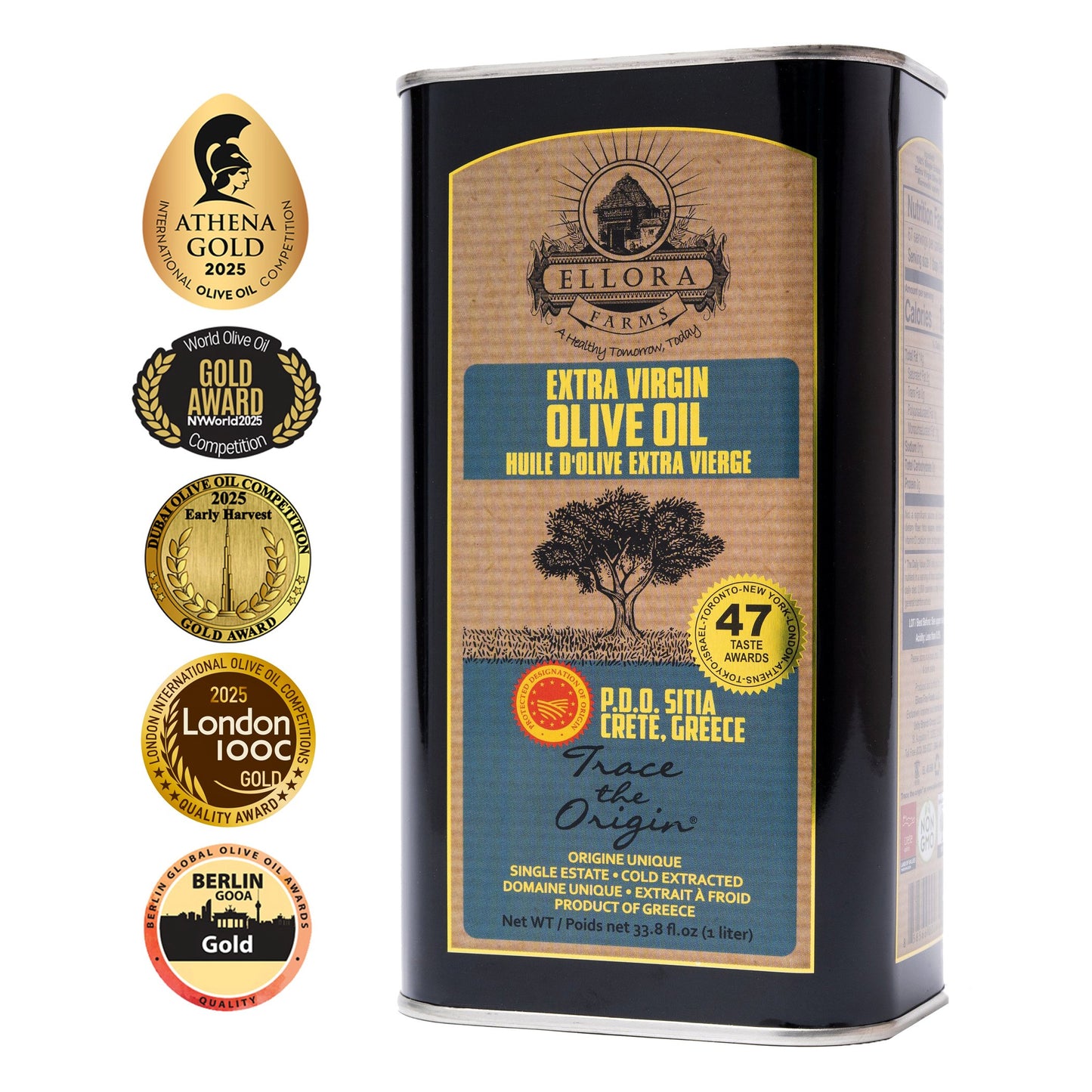 Aleta Organic & Ellora PDO SITIA Single Estate Extra Virgin Greek Olive Oil, 1 Ltr Tin, 33.8 oz. Combo