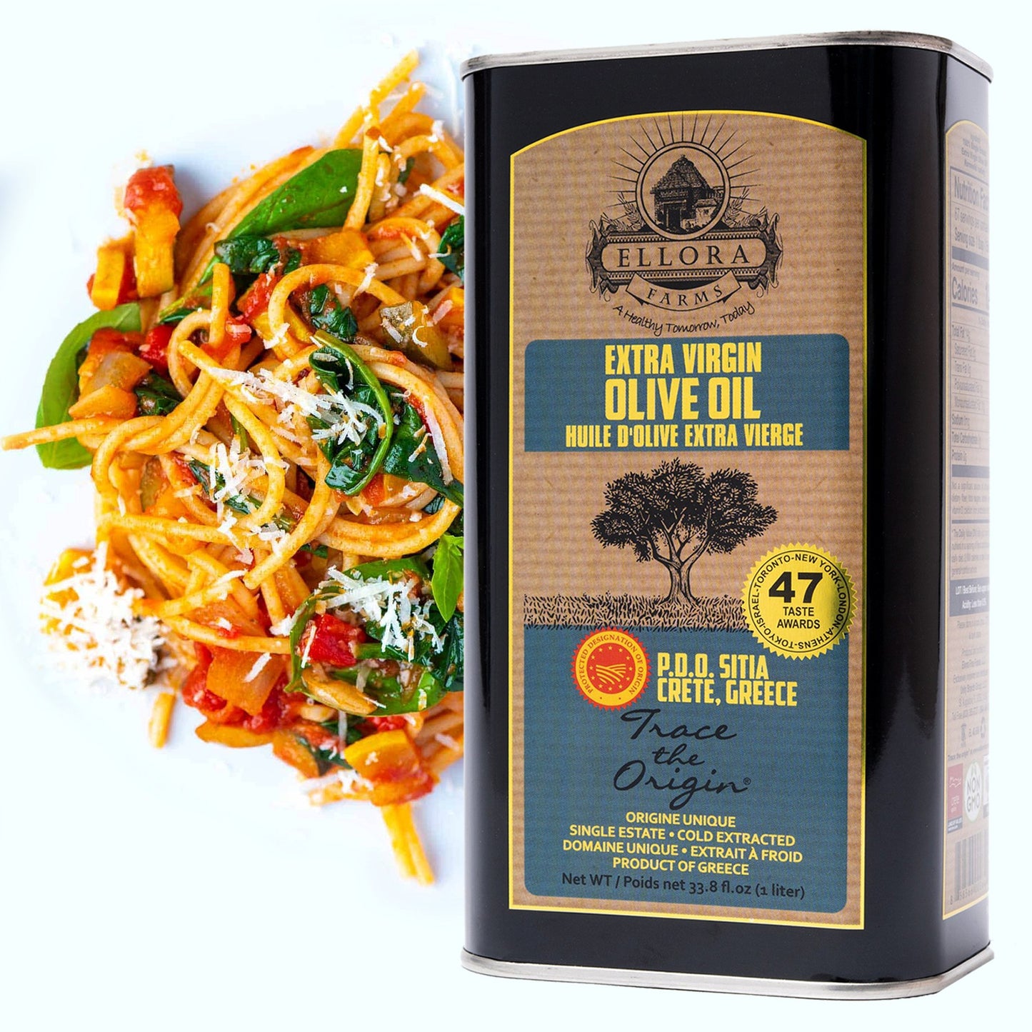 Aleta Organic & Ellora PDO SITIA Single Estate Extra Virgin Greek Olive Oil, 1 Ltr Tin, 33.8 oz. Combo
