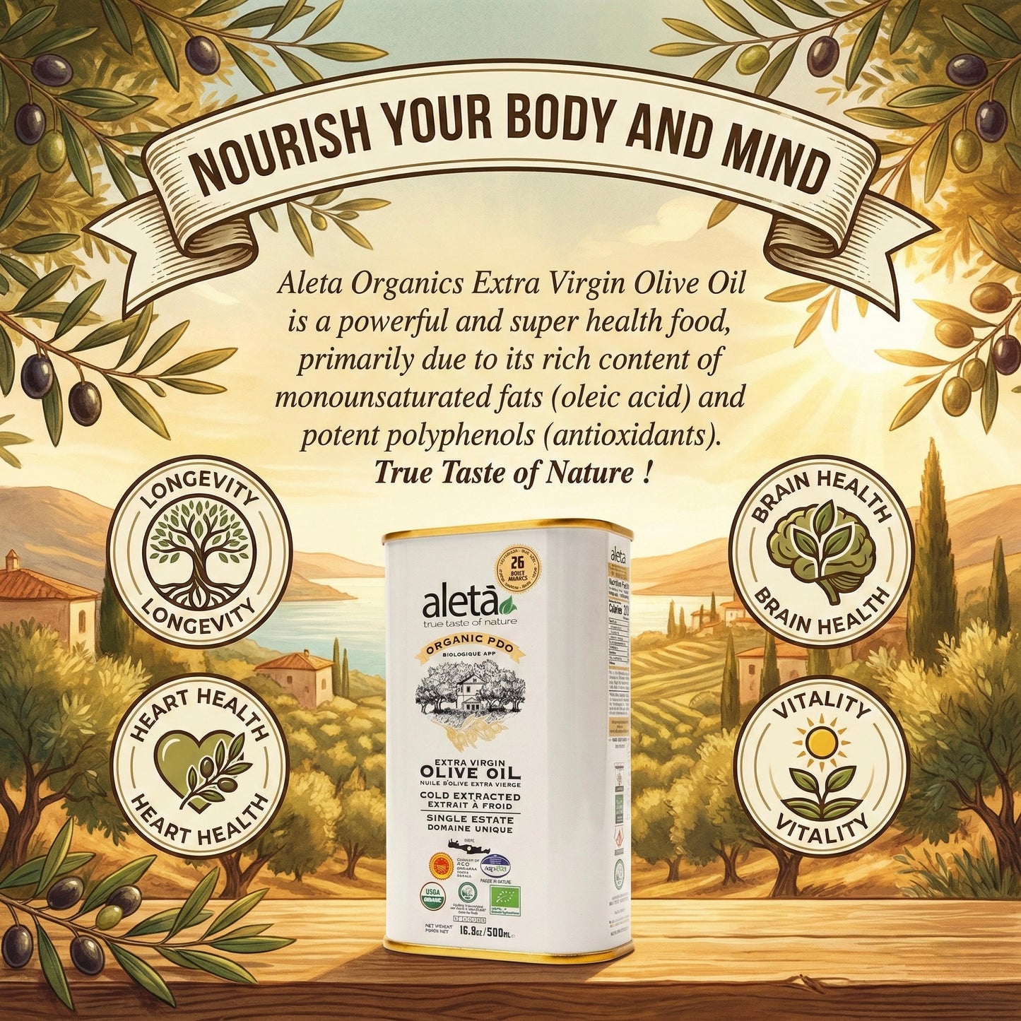 Aleta Organic & PDO Single Estate Traceable Extra Virgin Greek Olive Oil, 500 ml (17 oz) Tin