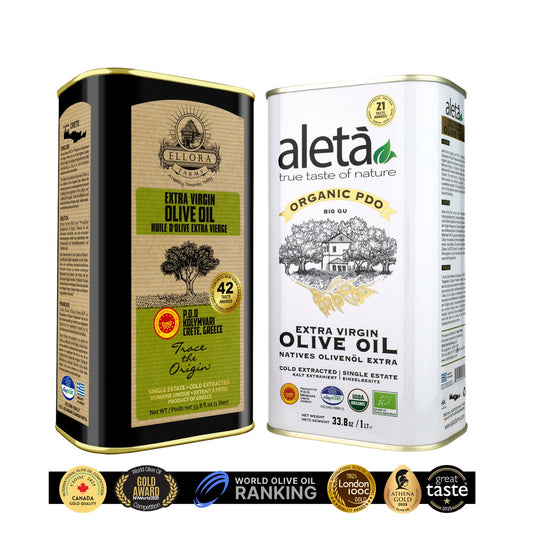 Aleta Organic & Ellora PDO Single Estate Extra Virgin Greek Olive Oil, 1 Ltr Tin, 33.8 oz. Combo