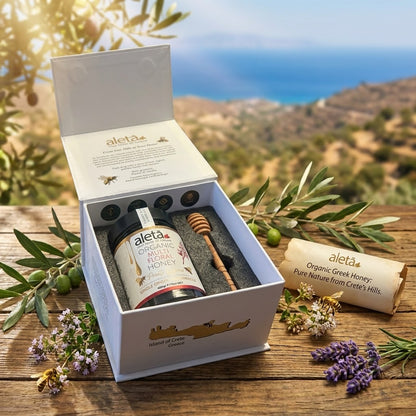 Aleta Organic Multifloral Cretan Honey, Superfood Delight, Luxury Gift Box w/ Dipper, Private Reserve, 450g (1lbs) Unity Brands Group