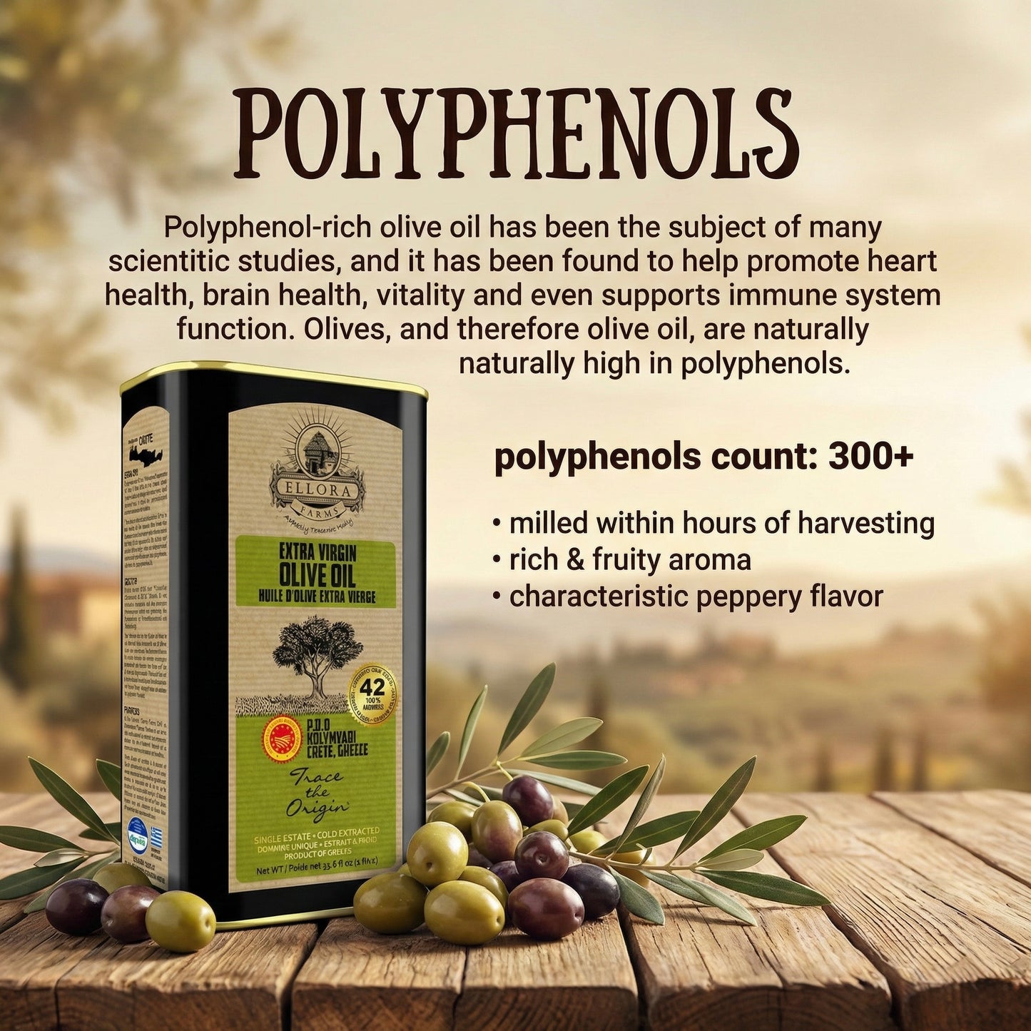 Traceable & Single Estate Greek Extra Virgin Olive Oil, Kosher & PDO Certified, 33.8 oz.