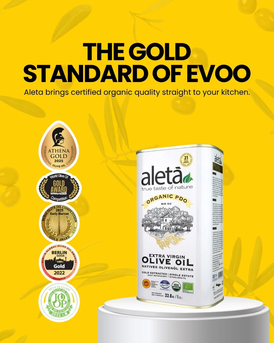 Aleta Organic & PDO Single Estate Traceable Extra Virgin Greek Olive Oil, 1 Ltr Tin, 33.8 oz. Pack of 2
