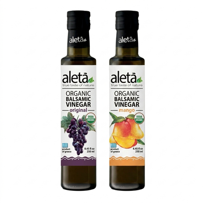 Aleta Organic, Infused Balsamic Vinegar, Plain & Mango Pack, Glass Bottle, 8.45 oz., Pack of 2
