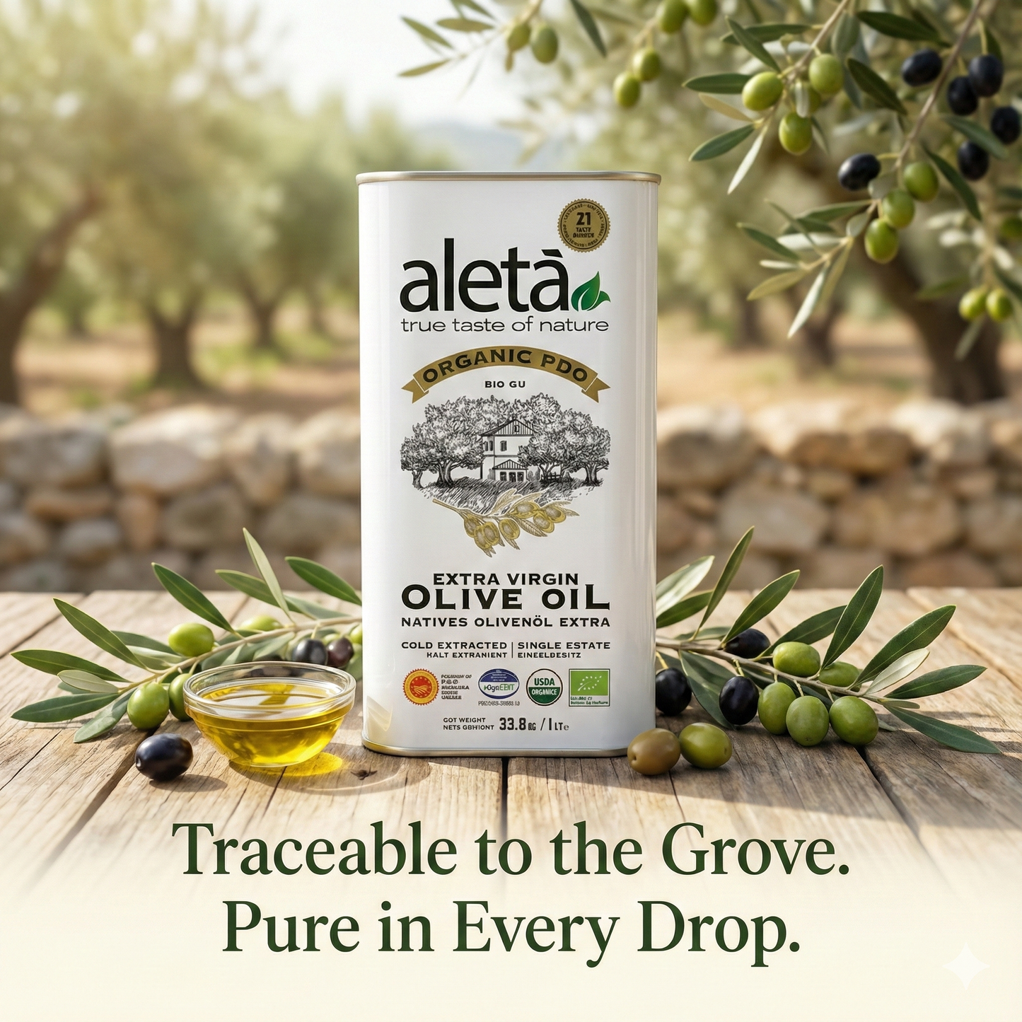 Aleta Organic & PDO Single Estate Traceable Extra Virgin Greek Olive Oil, 500 ml (17 oz) Tin