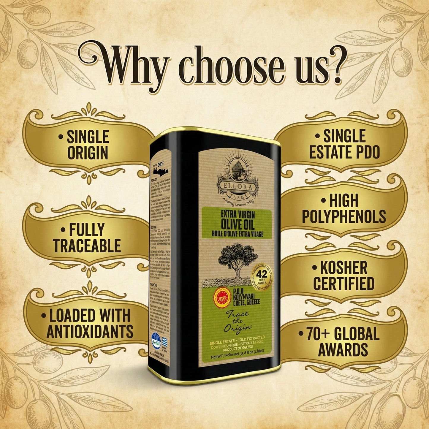 Traceable & Single Estate Greek Extra Virgin Olive Oil, Kosher & PDO Certified, 33.8 oz.