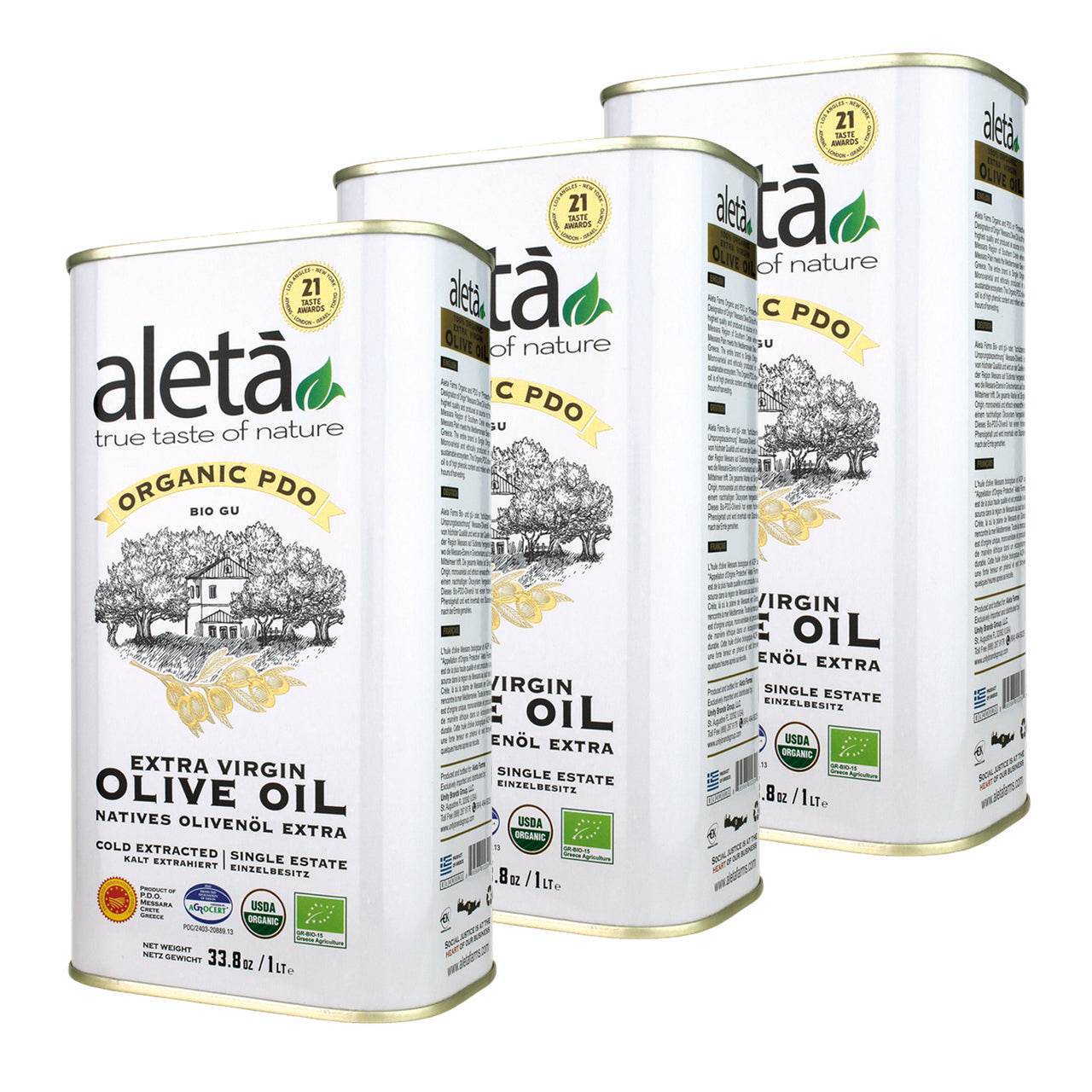 Aleta Organic & PDO Single Estate Traceable Extra Virgin Greek Olive Oil, 1 Ltr Tin, 33.8 oz. Pack of 3 - Aleta Farms