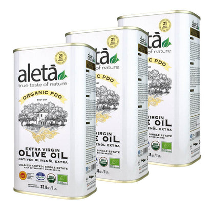 Aleta Organic & PDO Single Estate Traceable Extra Virgin Greek Olive Oil, 1 Ltr Tin, 33.8 oz. Pack of 3 - Aleta Farms