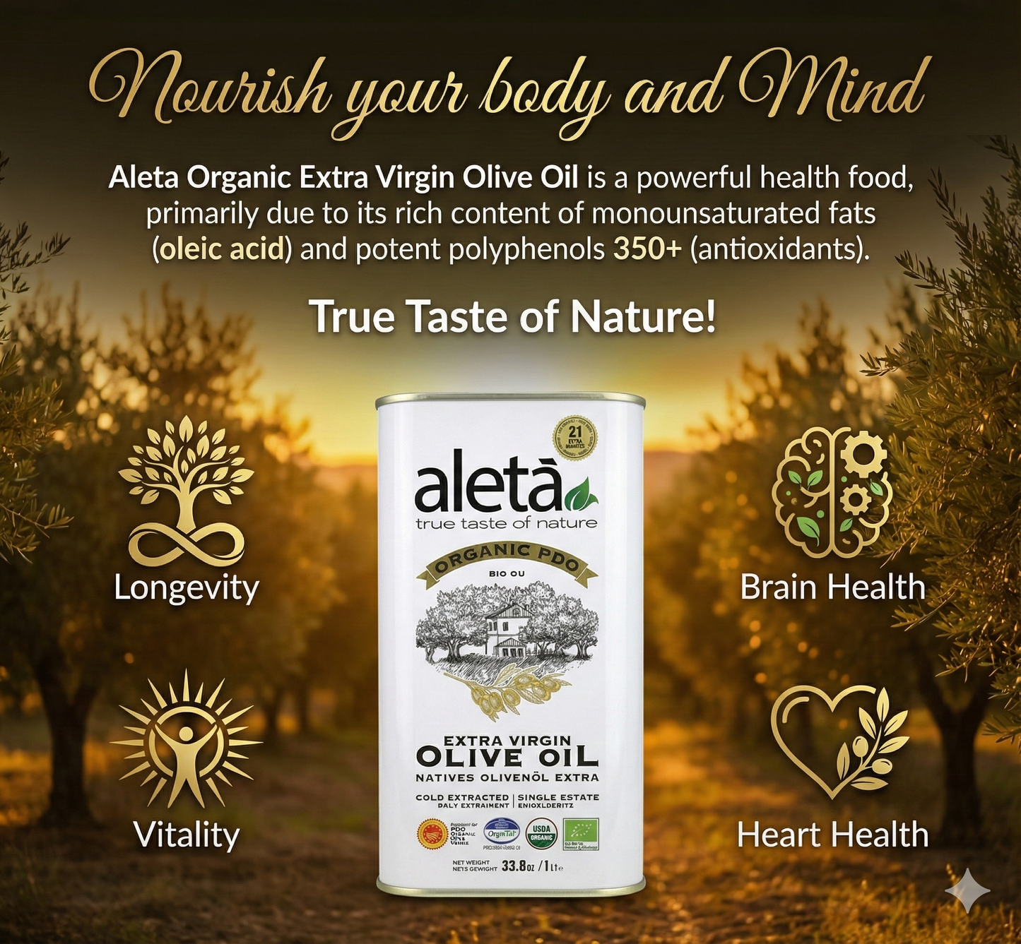 Aleta Organic & Ellora PDO SITIA Estate Extra Virgin Greek Olive Oil, 1 Ltr Tin, 33.8 oz. Combo