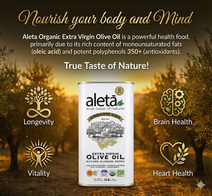 Aleta Organic & Ellora PDO SITIA Estate Extra Virgin Greek Olive Oil, 1 Ltr Tin, 33.8 oz. Combo