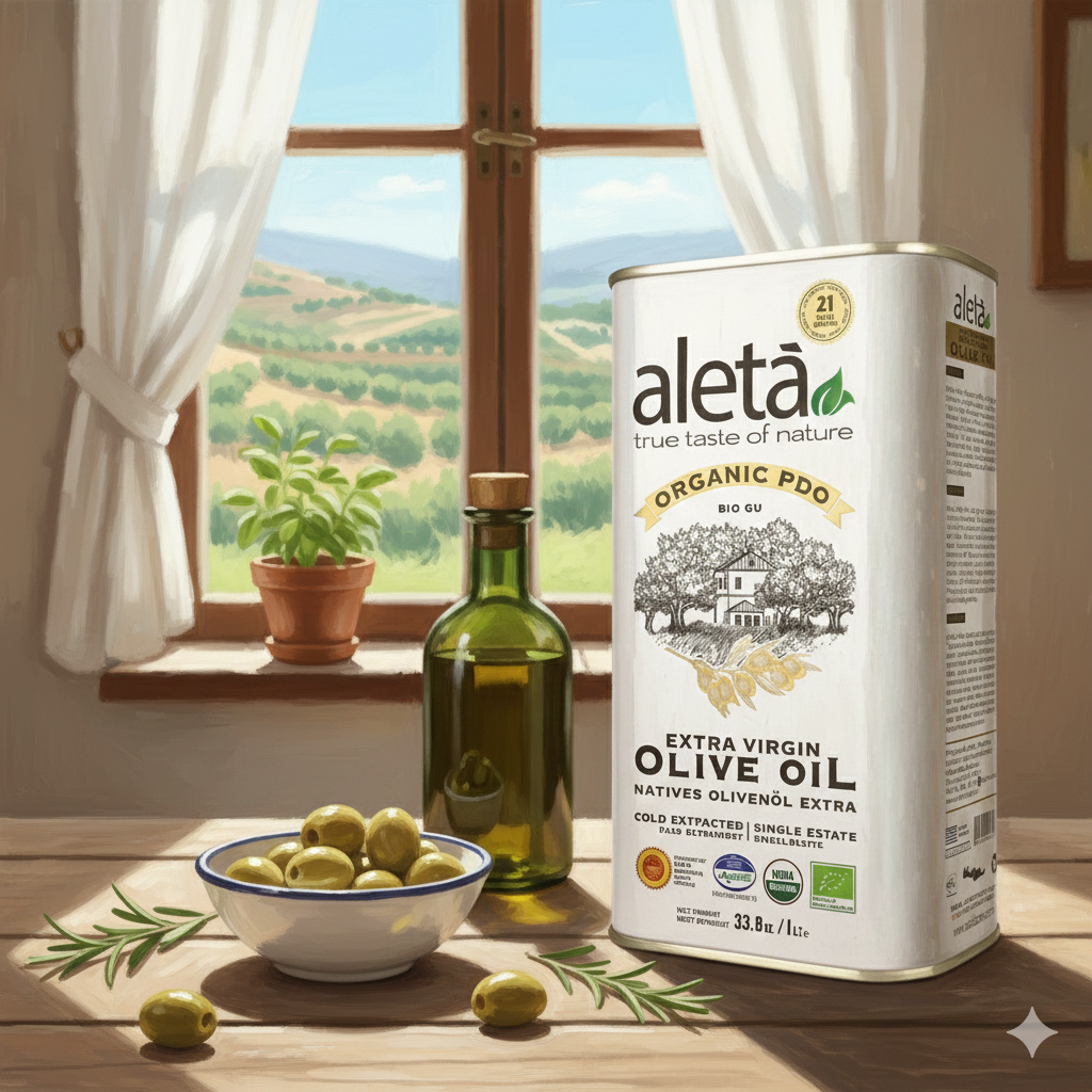 Aleta Organic & Ellora PDO SITIA Estate Extra Virgin Greek Olive Oil, 1 Ltr Tin, 33.8 oz. Combo