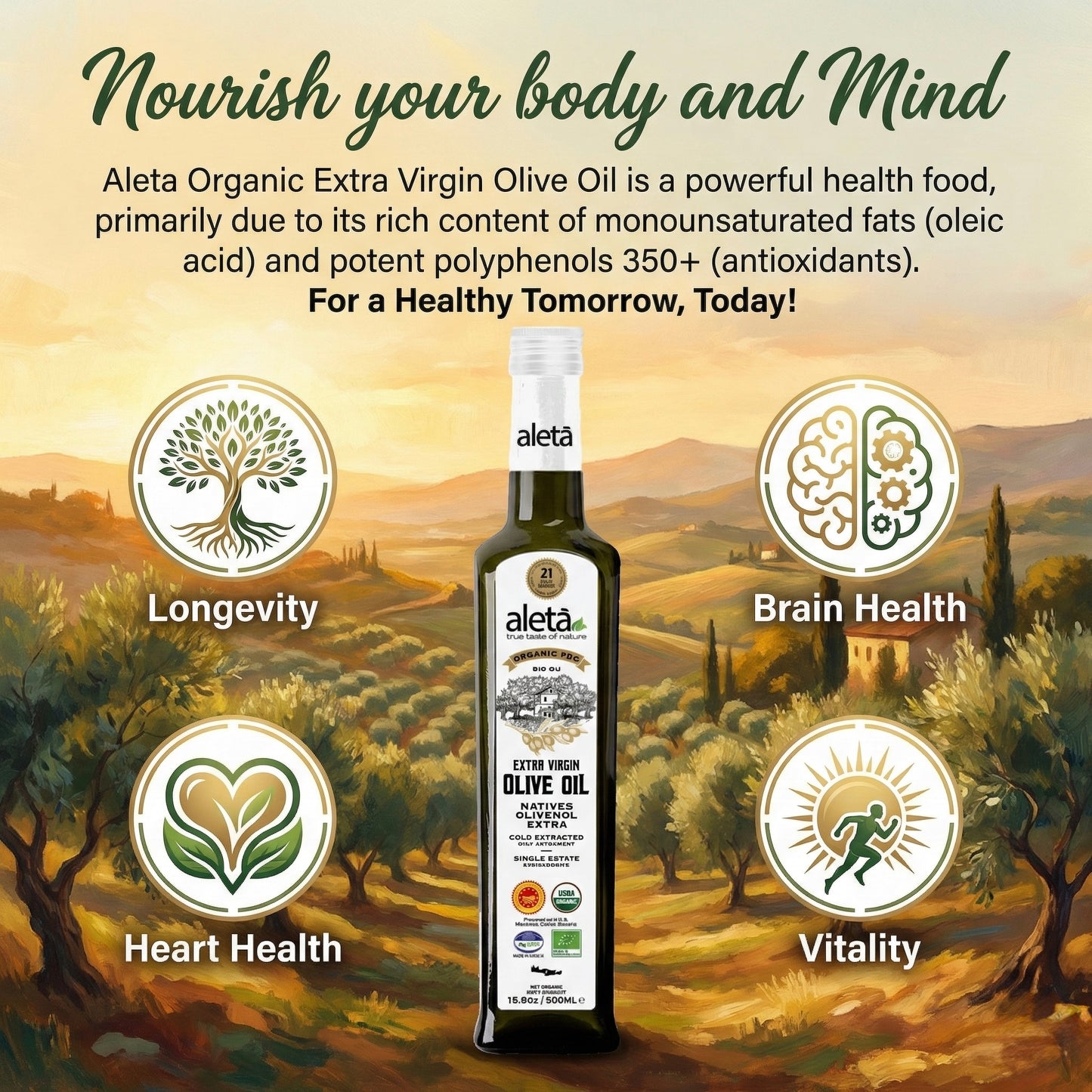 Aleta Organic & PDO Extra Virgin Greek Olive Oil, 2025 Gold Award, 17 oz. Bottle