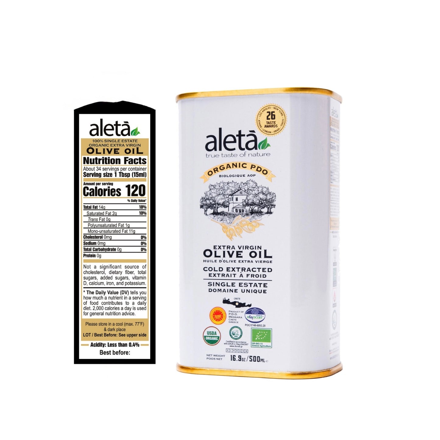 Aleta Organic & PDO Single Estate Traceable Extra Virgin Greek Olive Oil, 500 ml (17 oz) Tin