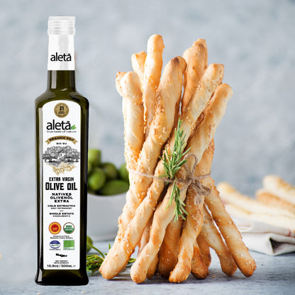 Combo Pack, Aleta Organic PDO Single Estate Messara Extra Virgin Olive Oil, 17 oz Glass Bottle and 17 oz Refill tin, Pack of 2
