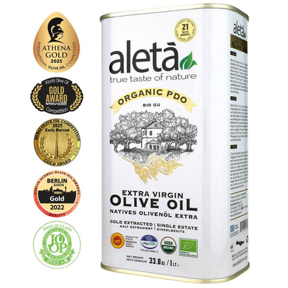 Aleta Organic & PDO Single Estate Traceable Extra Virgin Greek Olive Oil, 1 Ltr Tin, 33.8 oz. Pack of 1 - Aleta Farms