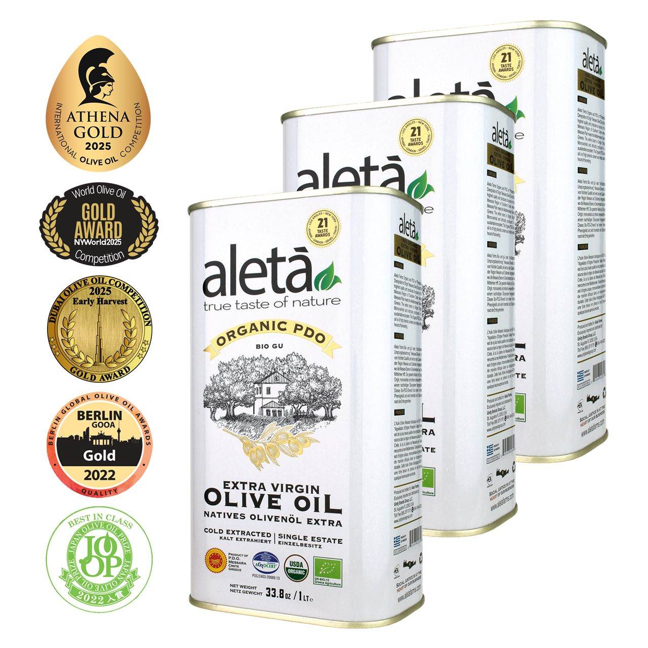 Aleta Organic & PDO Single Estate Traceable Extra Virgin Greek Olive Oil, 1 Ltr Tin, 33.8 oz. Pack of 3 - Aleta Farms
