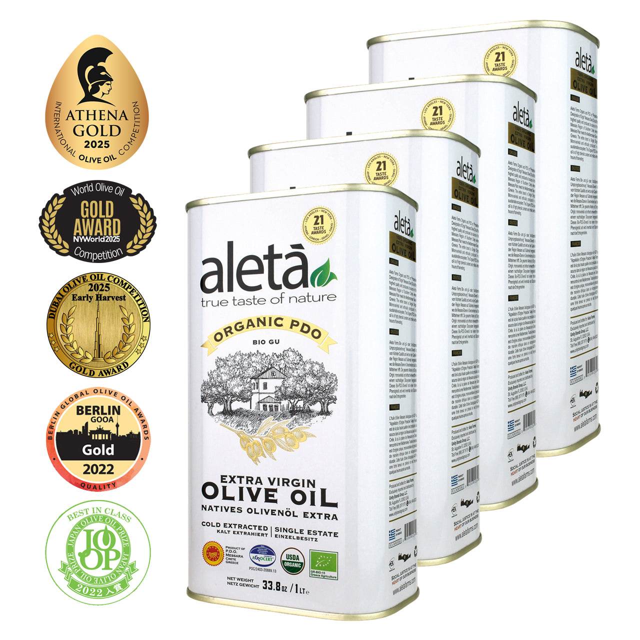 Aleta Organic & PDO Single Estate Traceable Extra Virgin Greek Olive Oil, 1 Ltr Tin, 33.8 oz. Pack of 1 - Aleta Farms