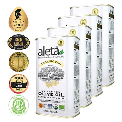 Aleta Organic & PDO Single Estate Traceable Extra Virgin Greek Olive Oil, 1 Ltr Tin, 33.8 oz. Pack of 1 - Aleta Farms
