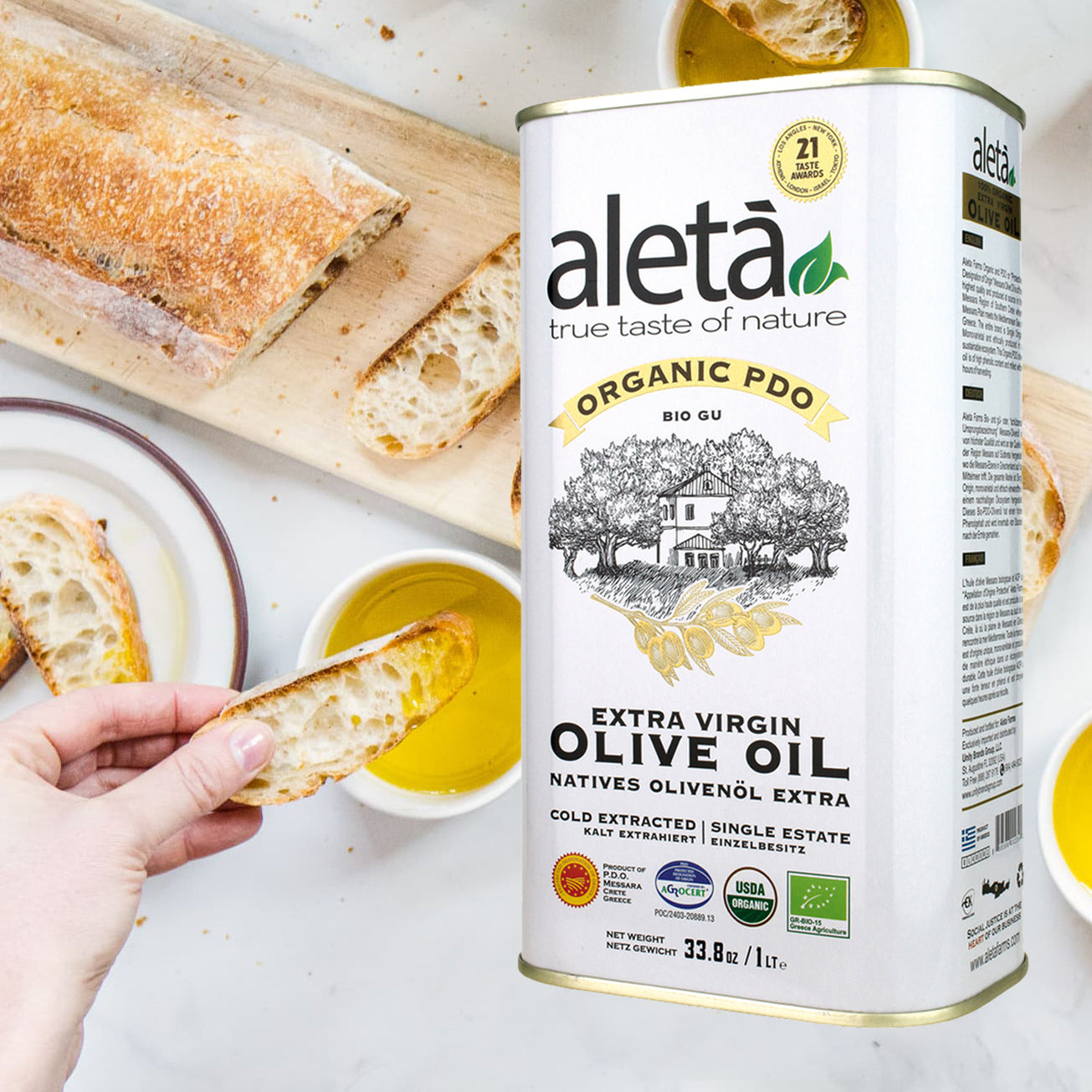 Aleta Organic & PDO Single Estate Traceable Extra Virgin Greek Olive Oil, 1 Ltr Tin, 33.8 oz. Pack of 2