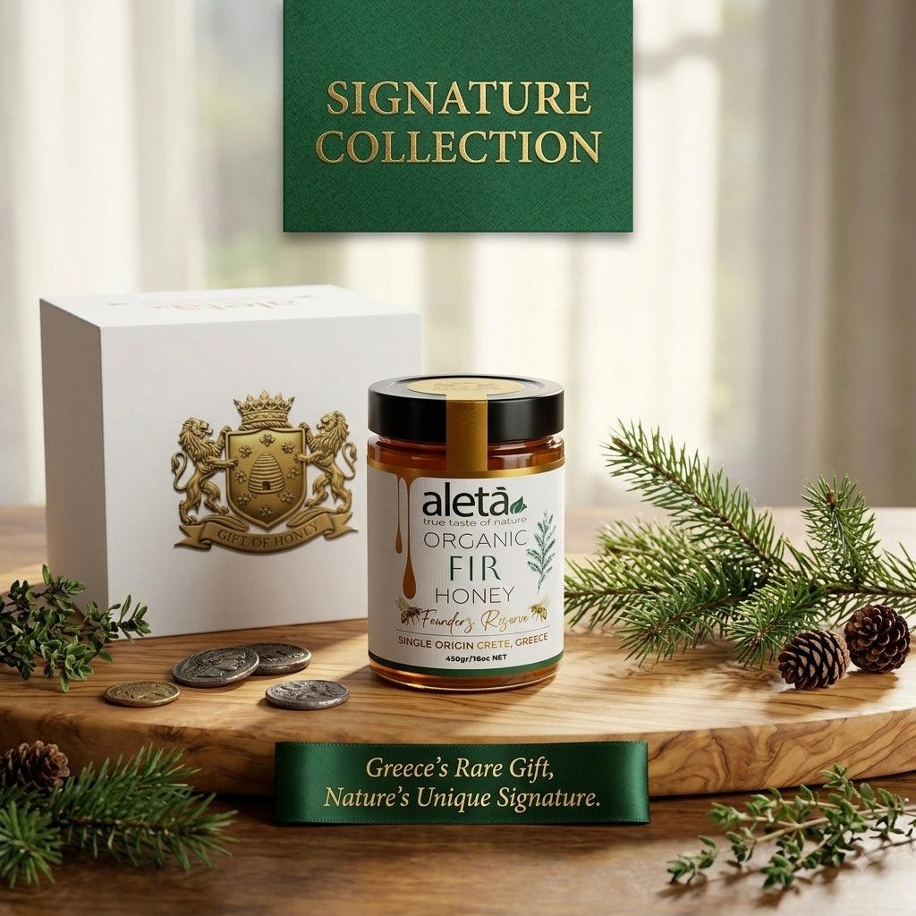Aleta Organic Rare FIR Honey Gift, Single Origin Superfood, Founders Reserve, Gift Box w/ Dipper, 450g (1lb)