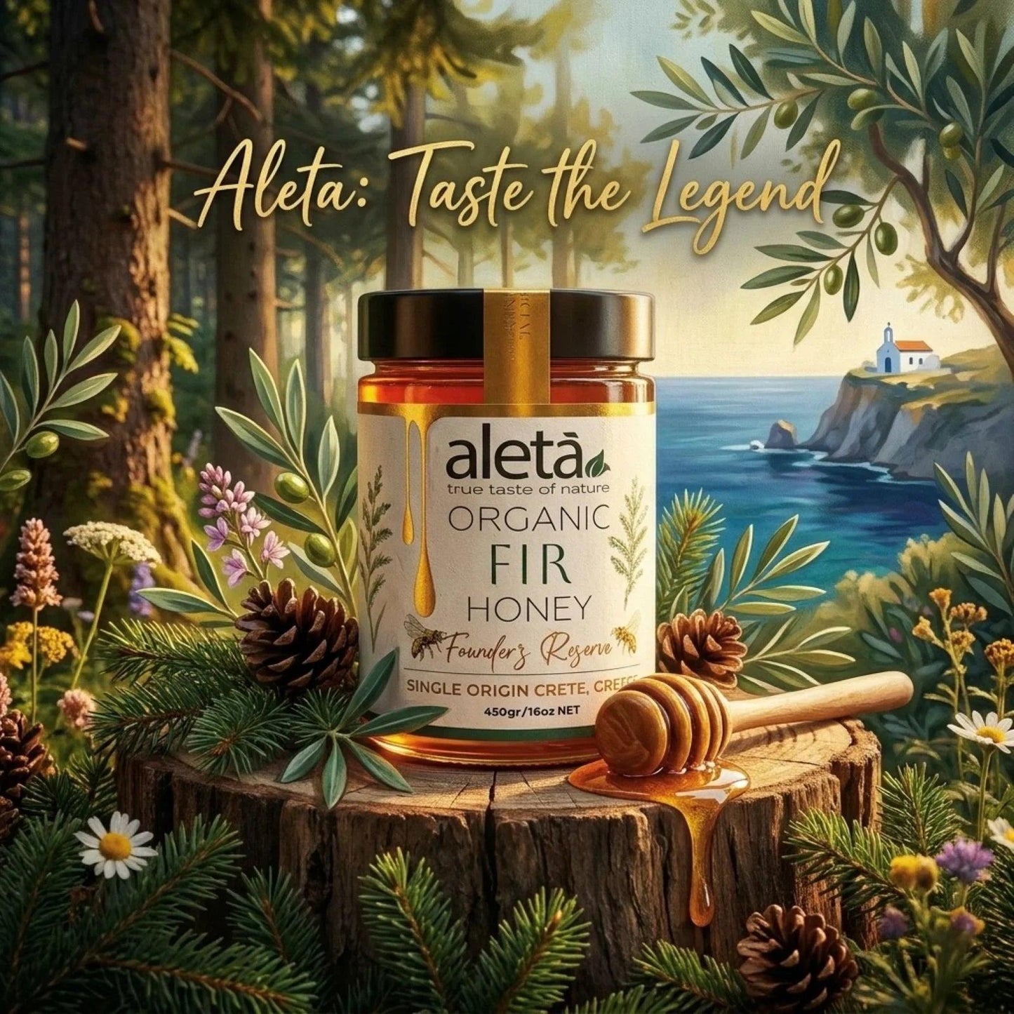 Aleta Organic Rare FIR Honey, Single Origin Crete, Greece, Superfood Founders Reserve, 450g (1lb)