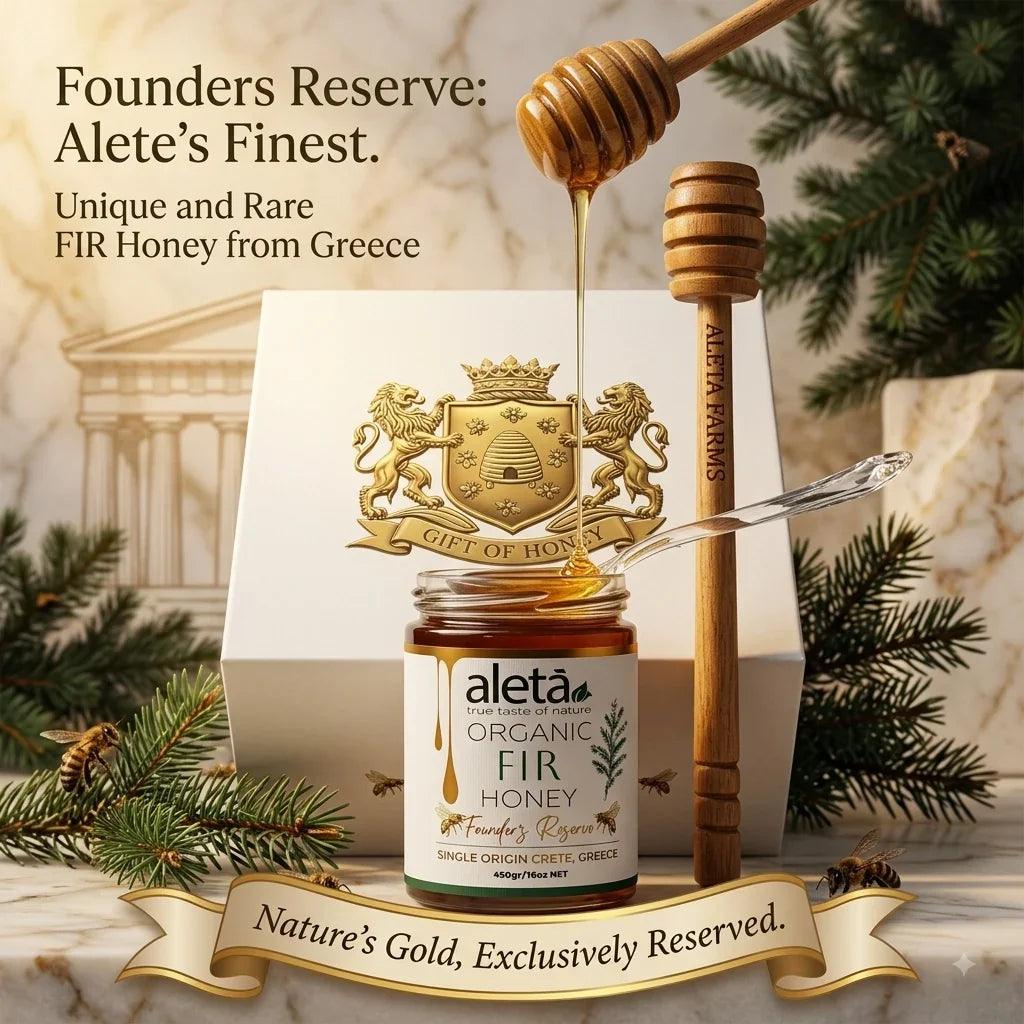 Aleta Organic Rare FIR Honey Gift, Single Origin Superfood, Founders Reserve, Gift Box w/ Dipper, 450g (1lb)