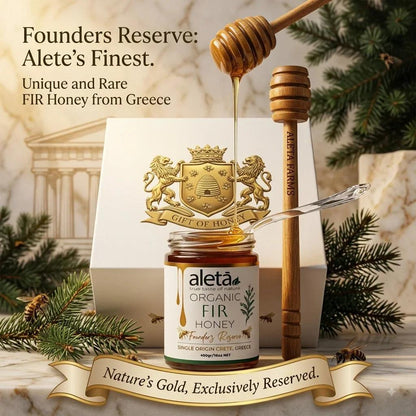 Aleta Organic Rare FIR Honey Gift, Single Origin Superfood, Founders Reserve, Gift Box w/ Dipper, 450g (1lb)