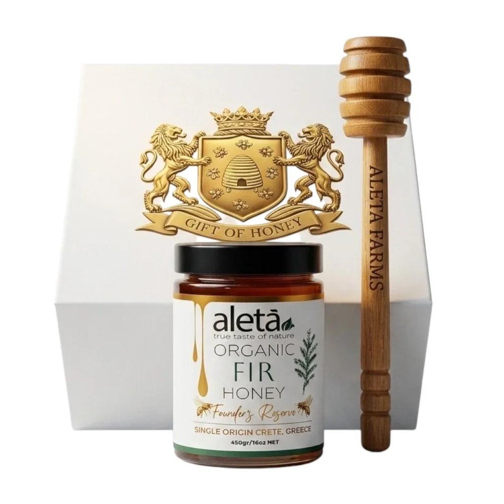 Aleta Organic Rare FIR Honey Gift, Single Origin Superfood, Founders Reserve, Gift Box w/ Dipper, 450g (1lb)