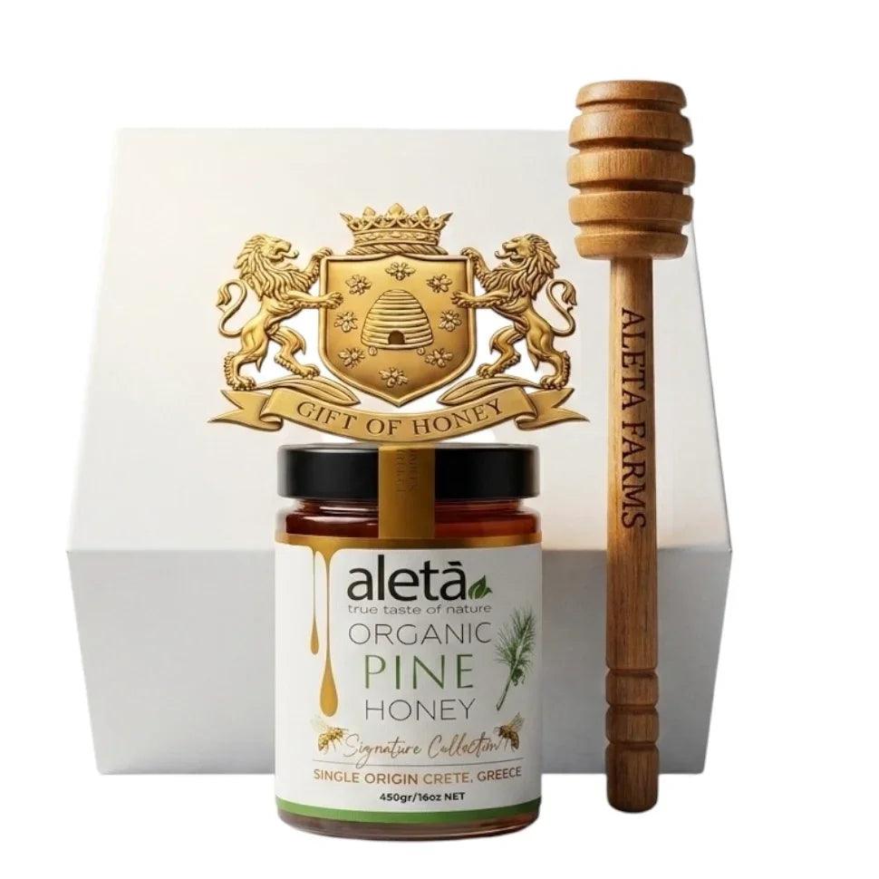 Aleta Organic Rare Pine Honey Gift, Single Origin Superfood, Signature Collection, Gift Box w/ Dipper, 450g (1lb)